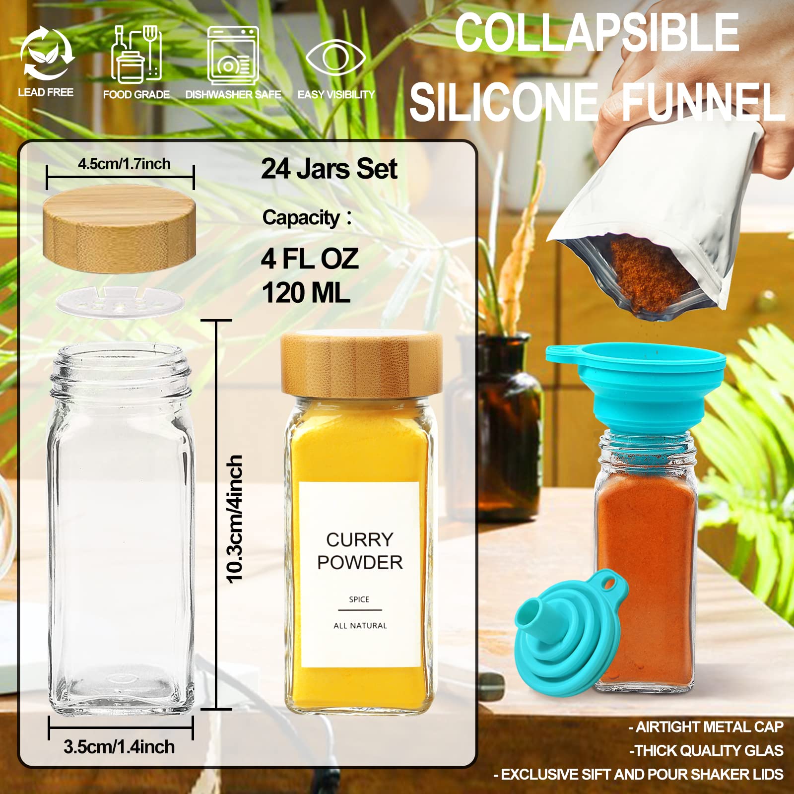 AISIPRIN 24 Pcs Glass Spice Jars with Bamboo Airtight Lids and 398 Labels, 4oz Empty Square Containers Seasoning Storage Bottles - Shaker Lids, Funnel, Brush and Marker Included