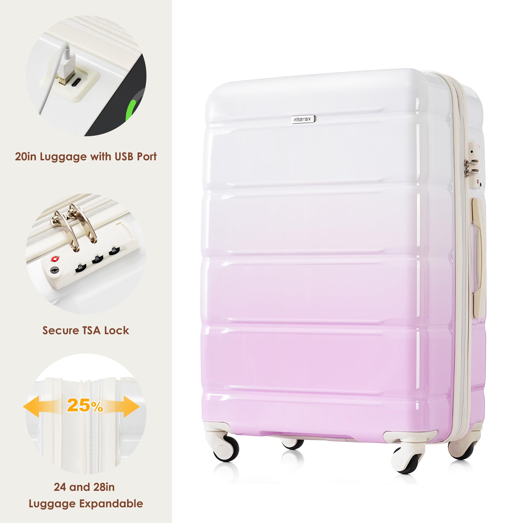 Merax 3 Pcs ABS Hardside Luggage Sets TSA Lock Spinner Wheel Suitcases, Pearly White, 20/24/28 Inch