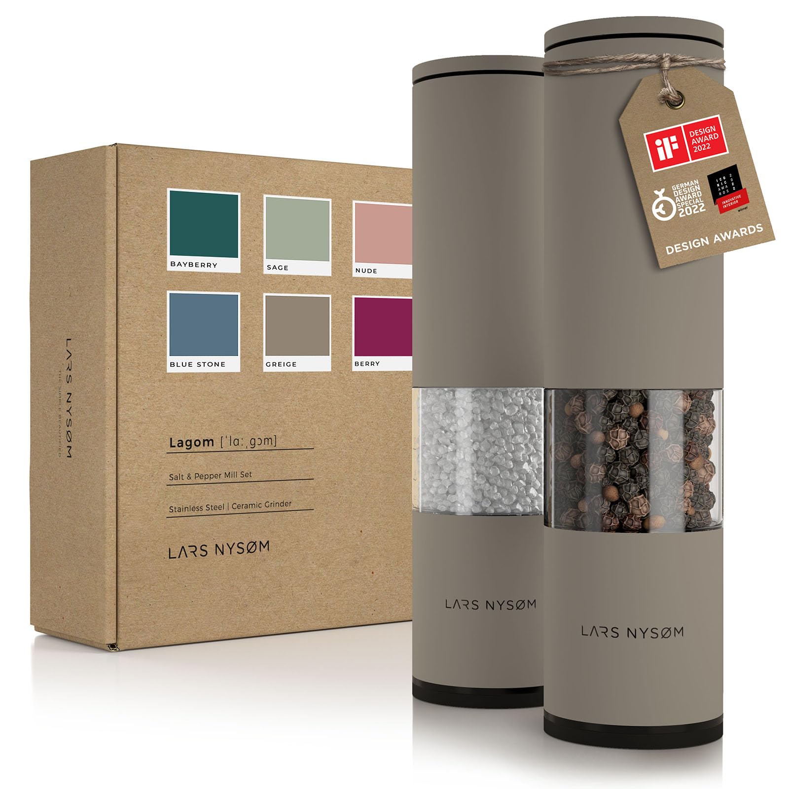 LARS NYSØM Salt and Pepper Mills Set Stainless Steel with Adjustable Ceramic Grinder 2 Pieces I Design Spice Mills Set Manual (Brown/Beige)