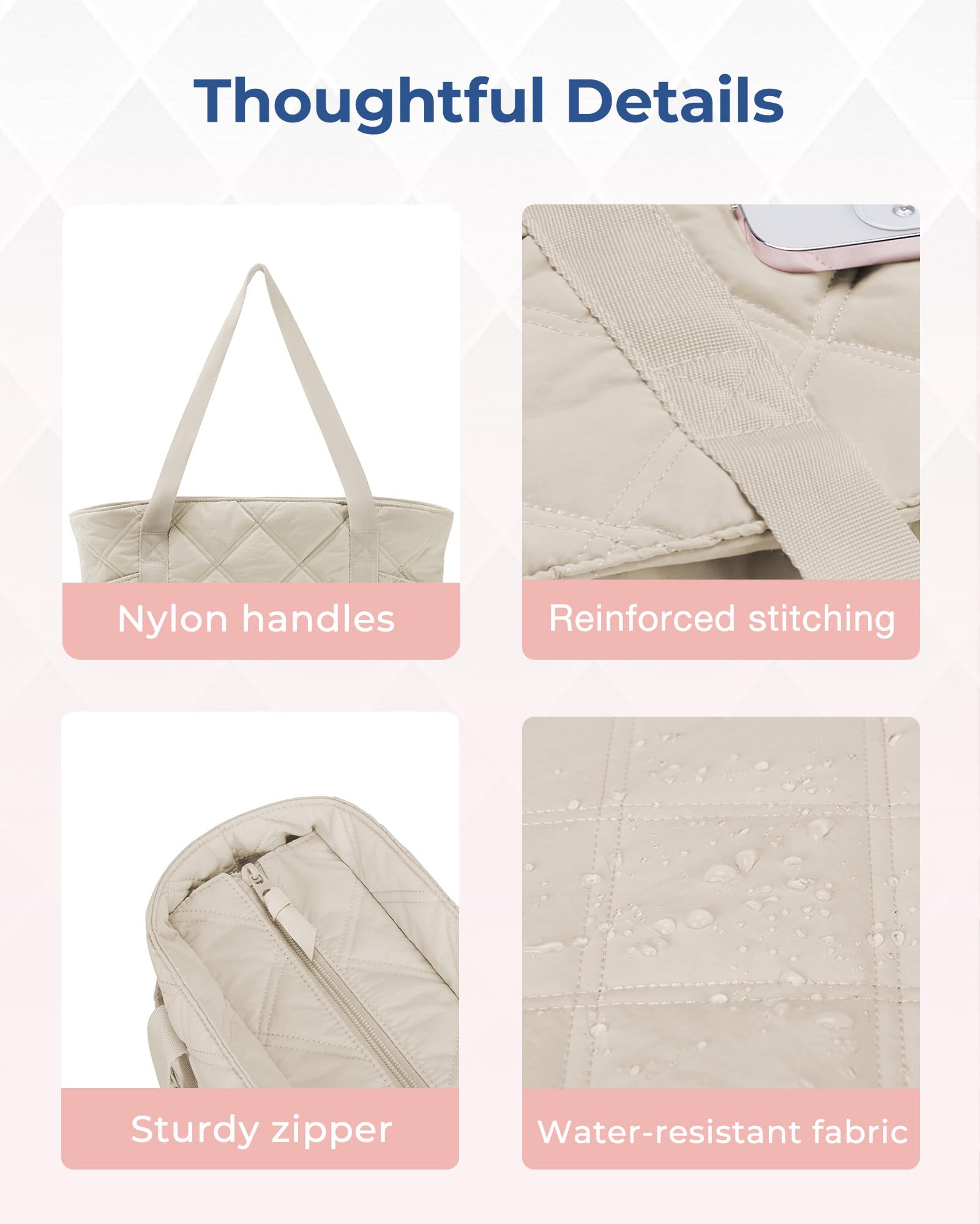 BAGSMART Tote Bag for Women, Puffer Tote Bags with Zipper, Travel Essentials Quilted Nurse Bag Carry On Bag Gifts for Women