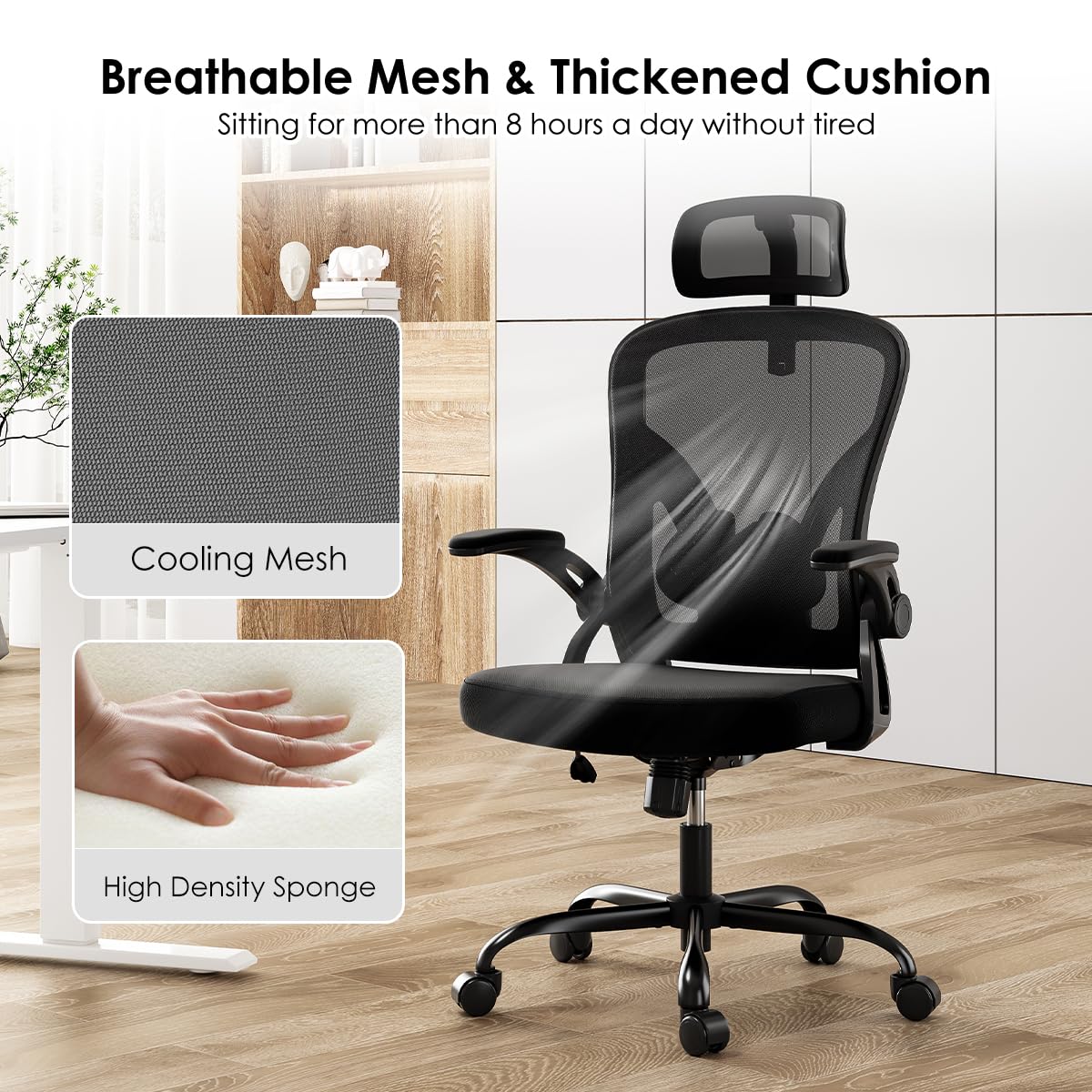 Farini Ergonomic Office Chair, Home Office Desk Chair with Headrest, High Back Computer Chair with Flip-up Armrests and Adjustable Lumbar Support for Home Office Study Bedroom, Khaki.