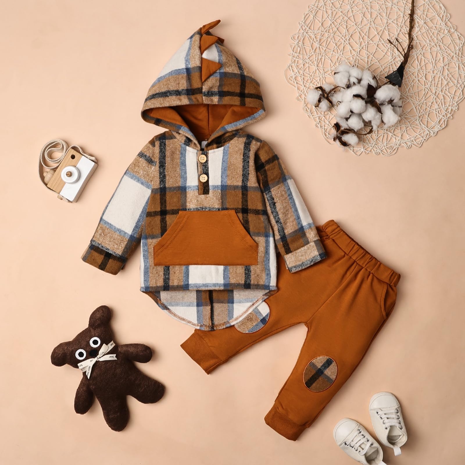 Toddler Baby Boy Clothes Long Sleeve Dinosaur Plaid Hoodie Sweatshirt + Pocket Pants Set 6 Months-4 Years