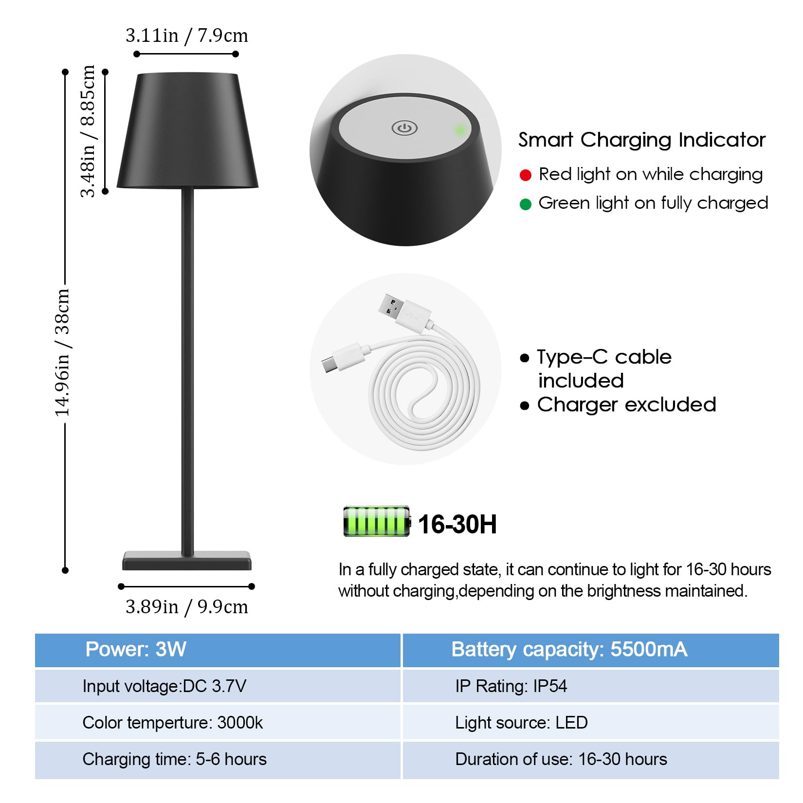 2-Pack LED Cordless Table Lamp, Rechargeable Battery Desk lamp 3W 5500mAh Battery Operated Stepless Dimming Modern Portable Table Light for Restaurant/Bedroom/Outdoor IP54 Waterproof (Off White)