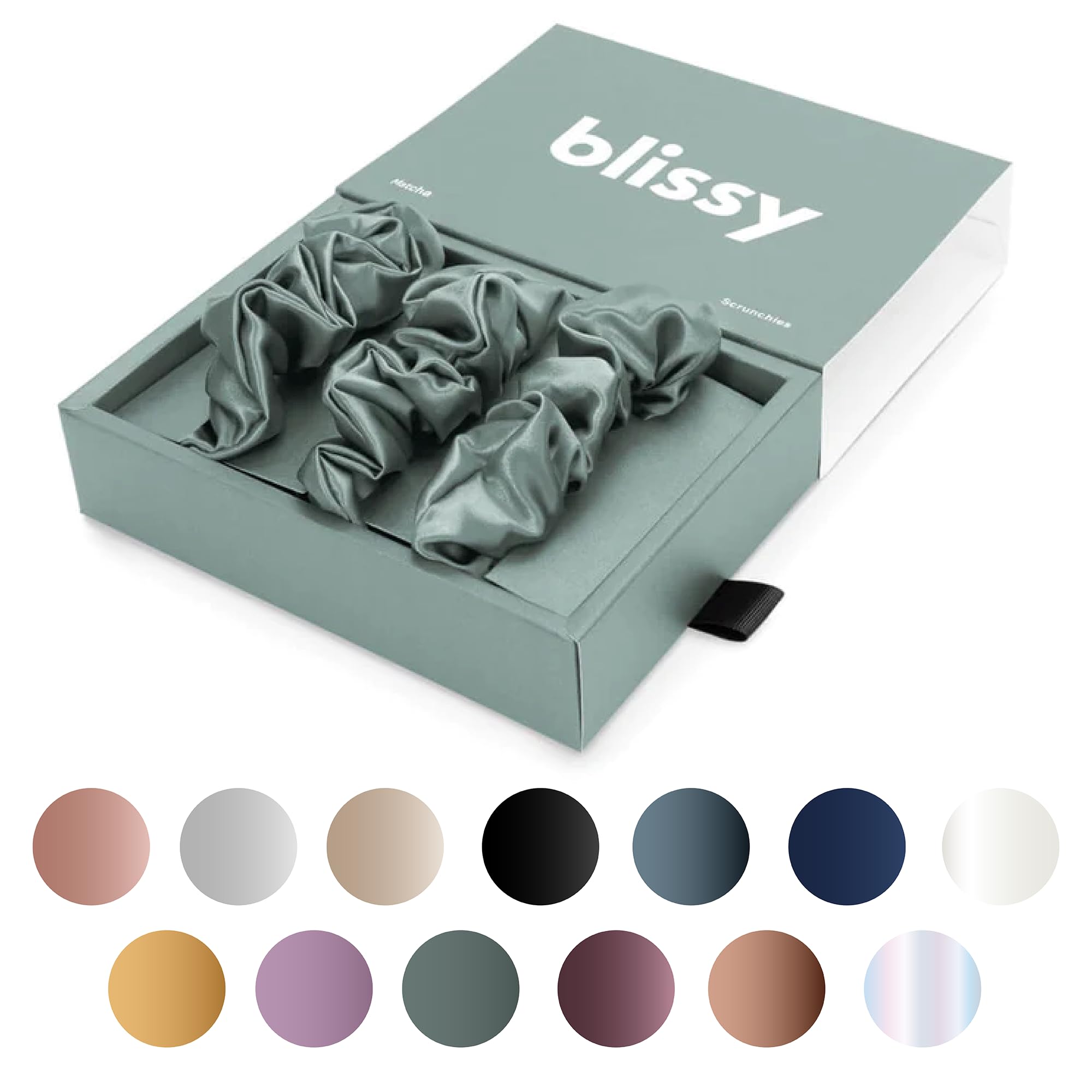 Blissy Silk Scrunchies (3 Pack) - 100% Pure Mulberry Silk - 22 Momme 6A High-Grade Fibers - Silk Scrunchie for Straight & Curly Hair - Preventing Breakage, Tangling, & Creasing (Black Skinny)