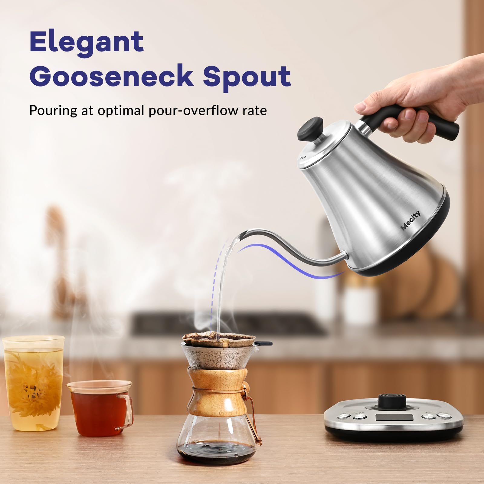 Mecity Electric Gooseneck Kettle With Keep Warm Function & LCD Display Automatic Shut Off Coffee Kettle Temperature Control Pour Over Kettle 1200 Watt, 0.8L, 120V, Off White