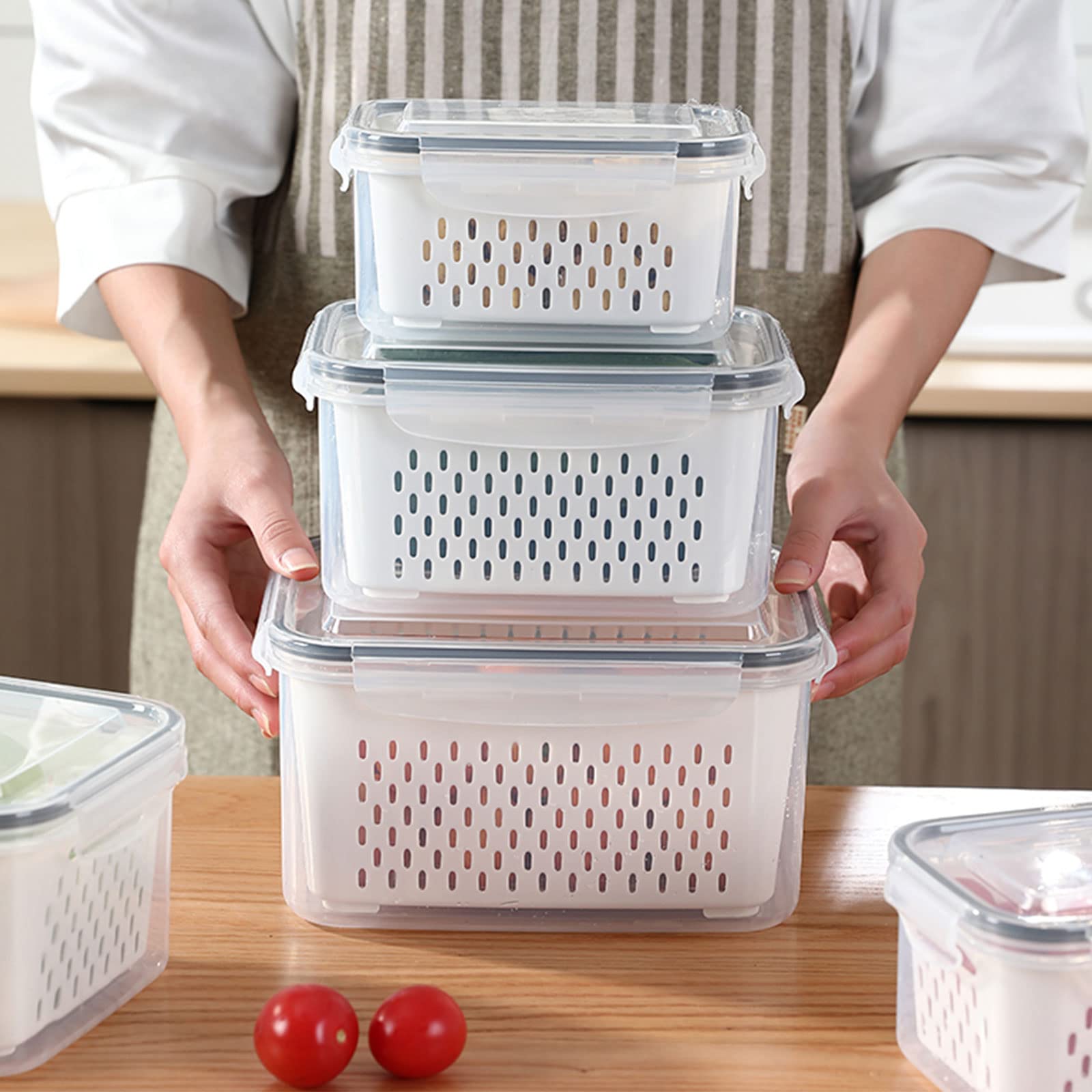 Fresh Food Storage Containers, 3 Pack Large Capacity Produce Saver Box with Drain Baskets & Lid for Vegetable and Fruit - BPA Free Stackable Refrigerator Organizer for Kitchen (0.8L+1.7L+3.15L)