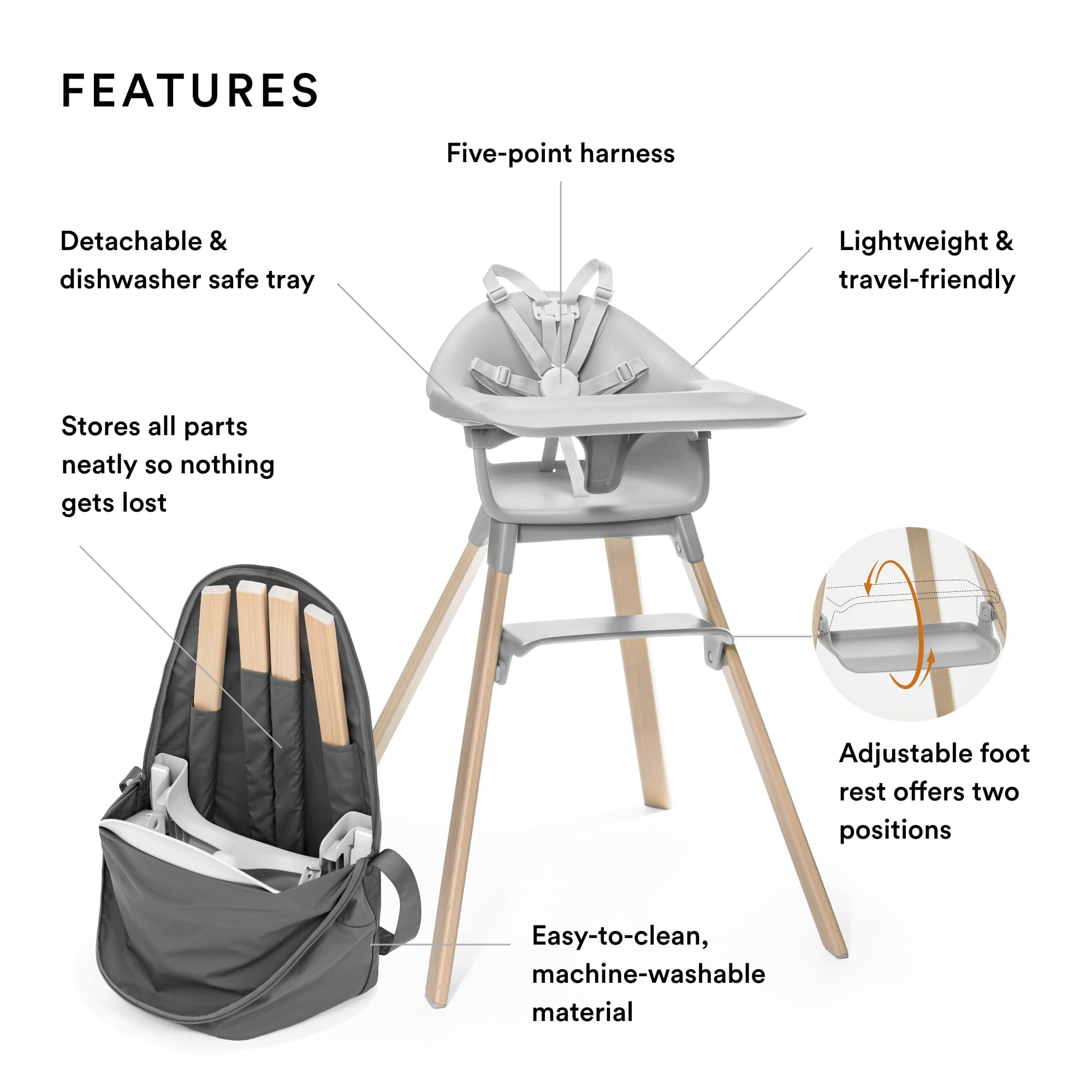 Stokke Clikk High Chair, Fjord Blue - All-In-One High Chair with Tray + Harness - Light, Durable & Travel Friendly - Ergonomic with Adjustable Features - Best for 6-36 Months or Up to 33 lbs