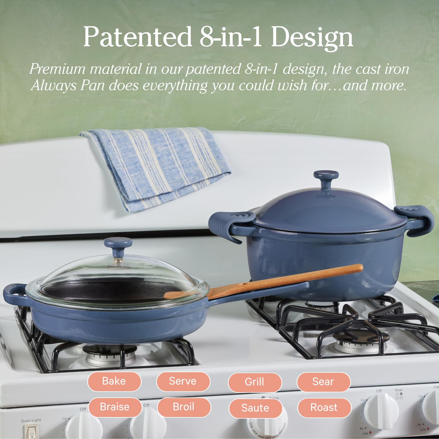 Our Place Cast Iron Always Pan | Premium Enameled, Toxin-Free Surface | 10-inch 8-in-1 Multifunctional Cookware System | Lid, Handle Covers | Heavy Duty Skillet | Oven & High Heat Safe | Sage