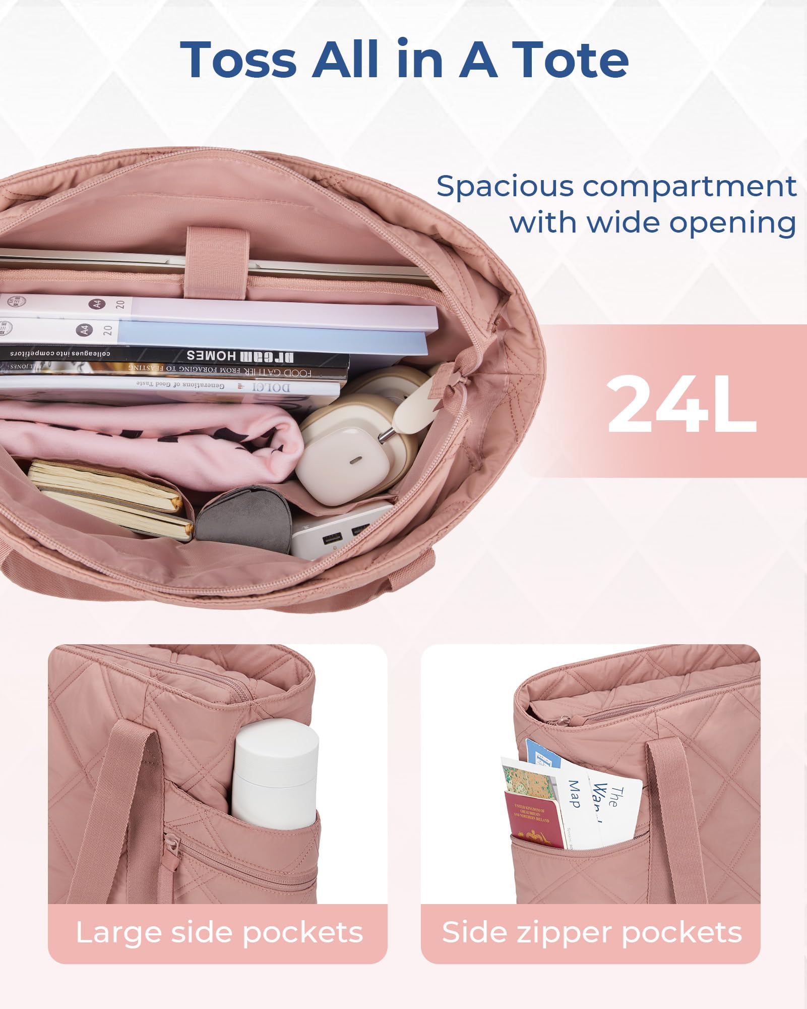 BAGSMART Tote Bag for Women, Puffer Tote Bags with Zipper, Travel Essentials Quilted Nurse Bag Carry On Bag Gifts for Women