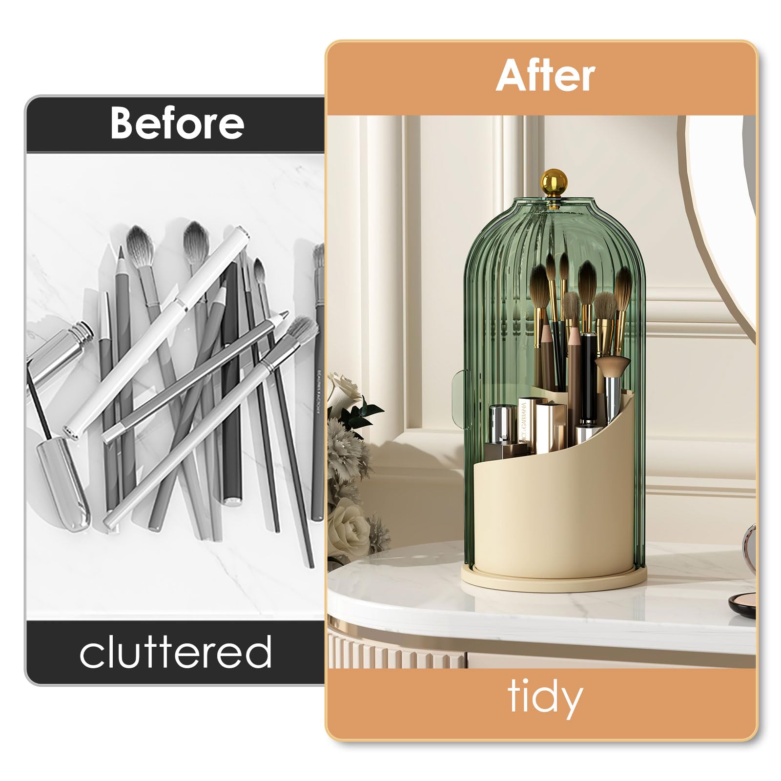 Makeup Brush Holder Organizer with Lid,360 Rotating Clear Dustproof Makeup Brushes Organizer for Vanity Desktop Bathroom Countertop (Transparent)