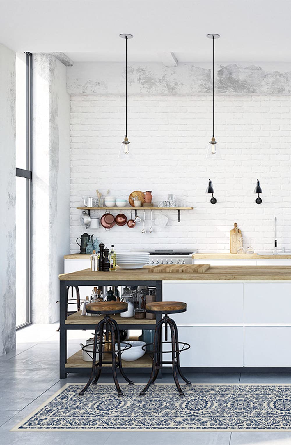 RUGGABLE Washable 2x3 Area Rug, Delphina Delft Blue, Premium Vintage Rugs for Living Room, Bedroom, Kitchen, Office, Classroom with Gripper Non Slip Pad