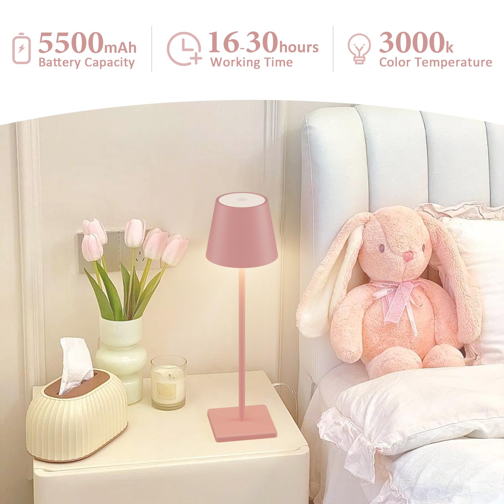 2-Pack LED Cordless Table Lamp, Rechargeable Battery Desk lamp 3W 5500mAh Battery Operated Stepless Dimming Modern Portable Table Light for Restaurant/Bedroom/Outdoor IP54 Waterproof (Off White)