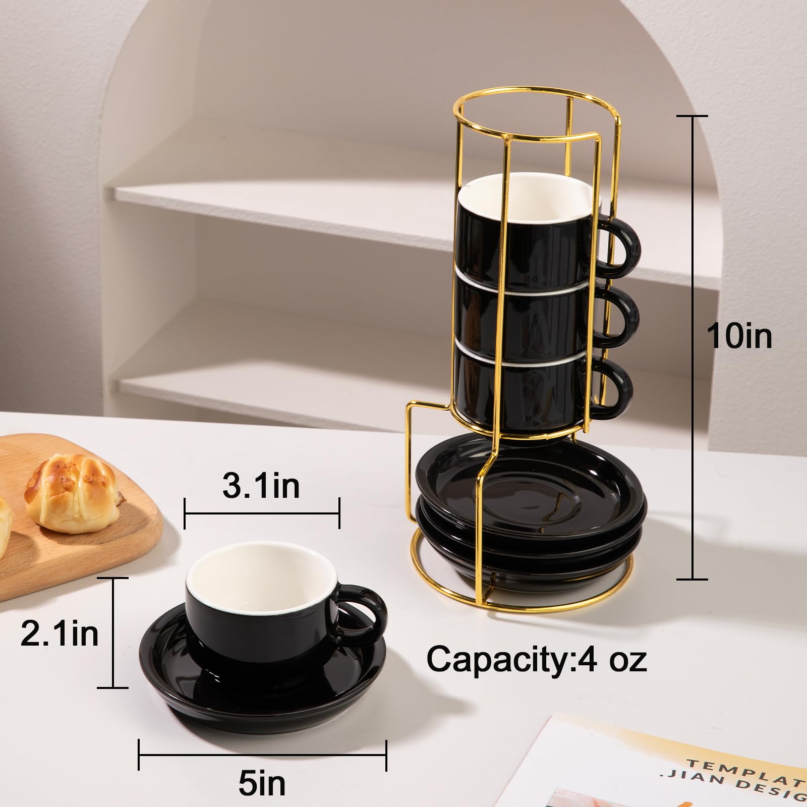 Sweejar Porcelain Espresso Cups with Saucers, 2.5 Ounce Stackable Cappuccino Cups with Metal Stand for Coffee Drinks, Latte, Tea - Set of 4 (Black)