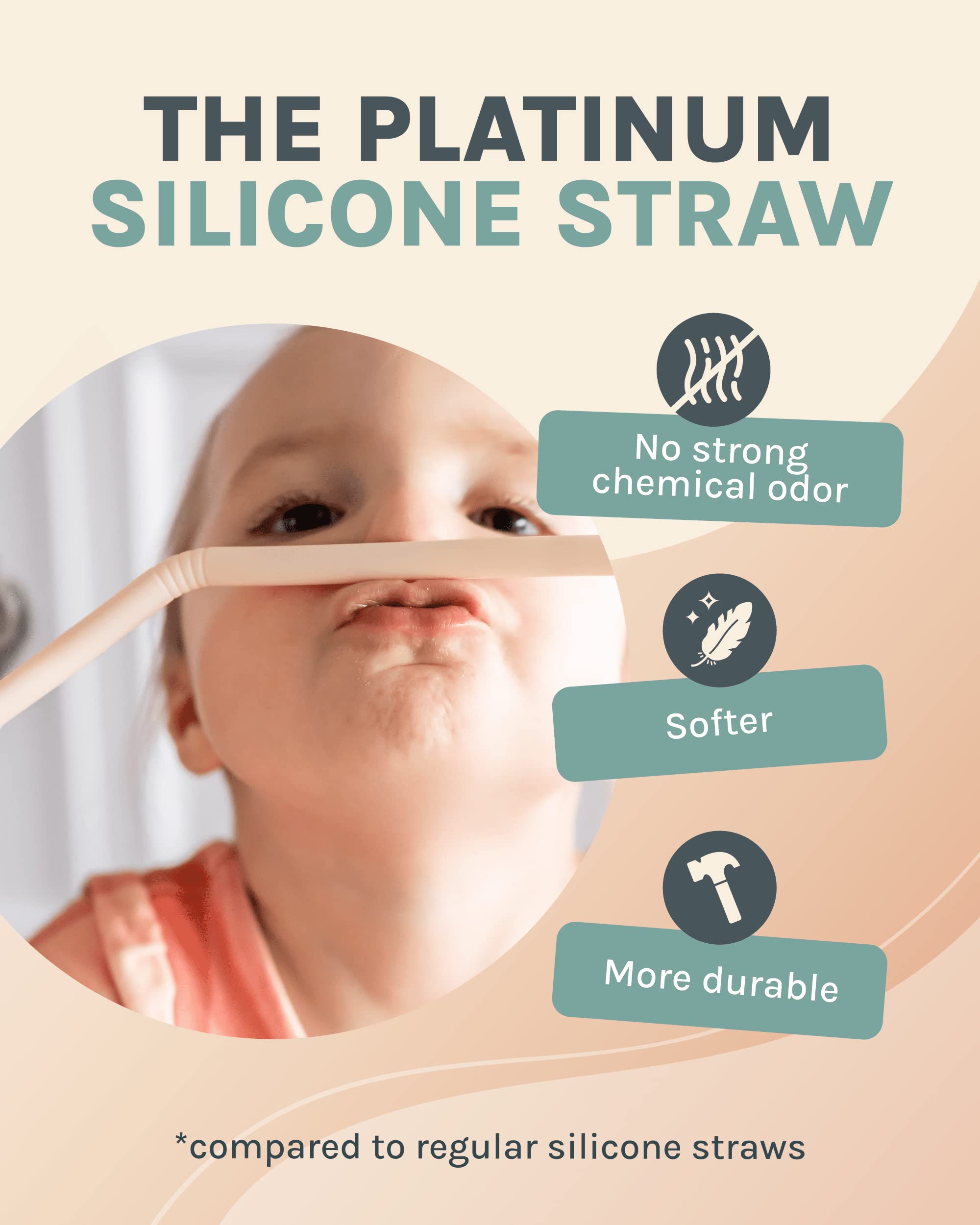 Silicone Straws - Reusable Drinking Straws w/Cleaning Brush - Long, Flexible and Bendy Straws For Tumblers and Cups - BPA Free, Food Grade Silicone, Dishwasher Safe - Set of 6 (Sand)