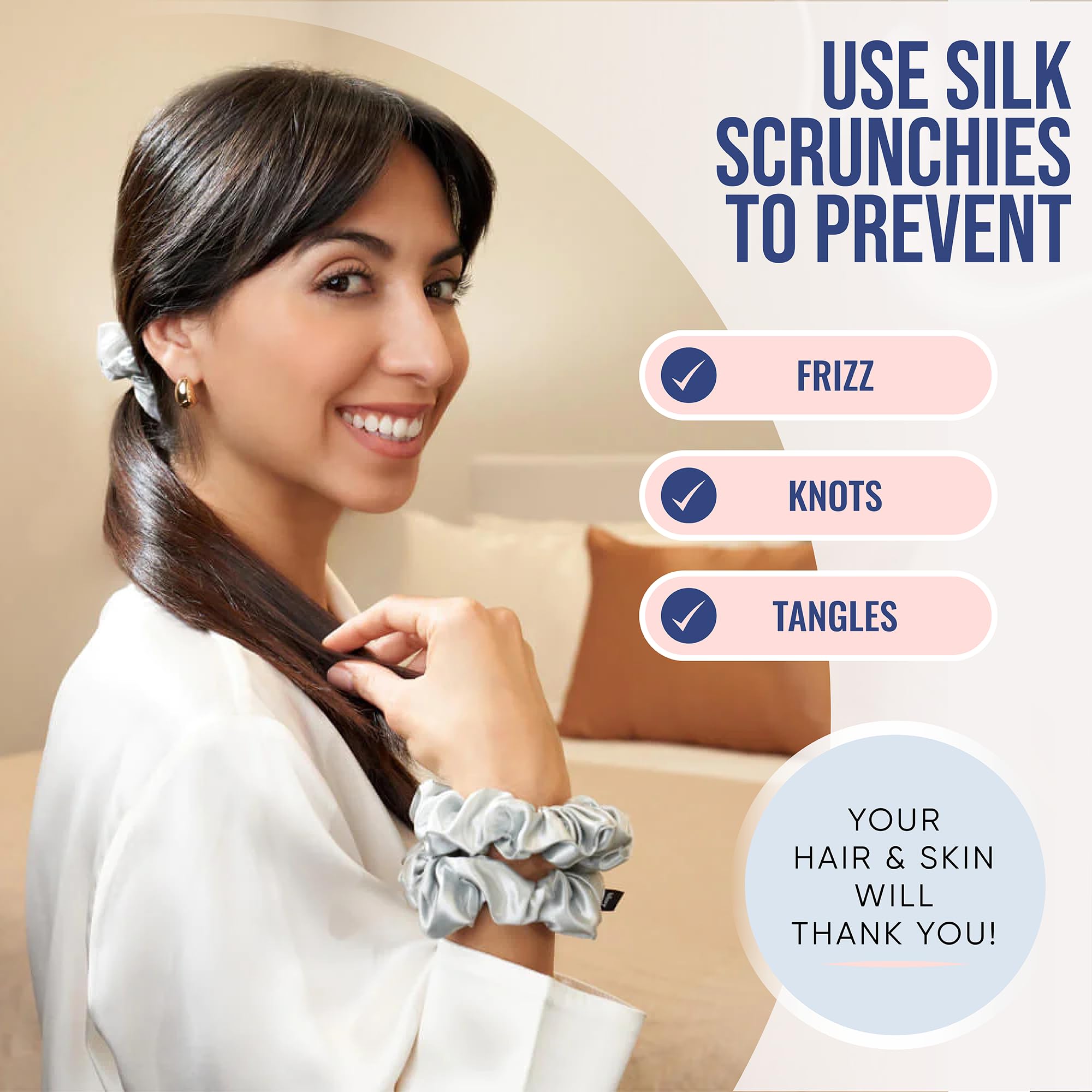 Blissy Silk Scrunchies (3 Pack) - 100% Pure Mulberry Silk - 22 Momme 6A High-Grade Fibers - Silk Scrunchie for Straight & Curly Hair - Preventing Breakage, Tangling, & Creasing (Rose Skinny)