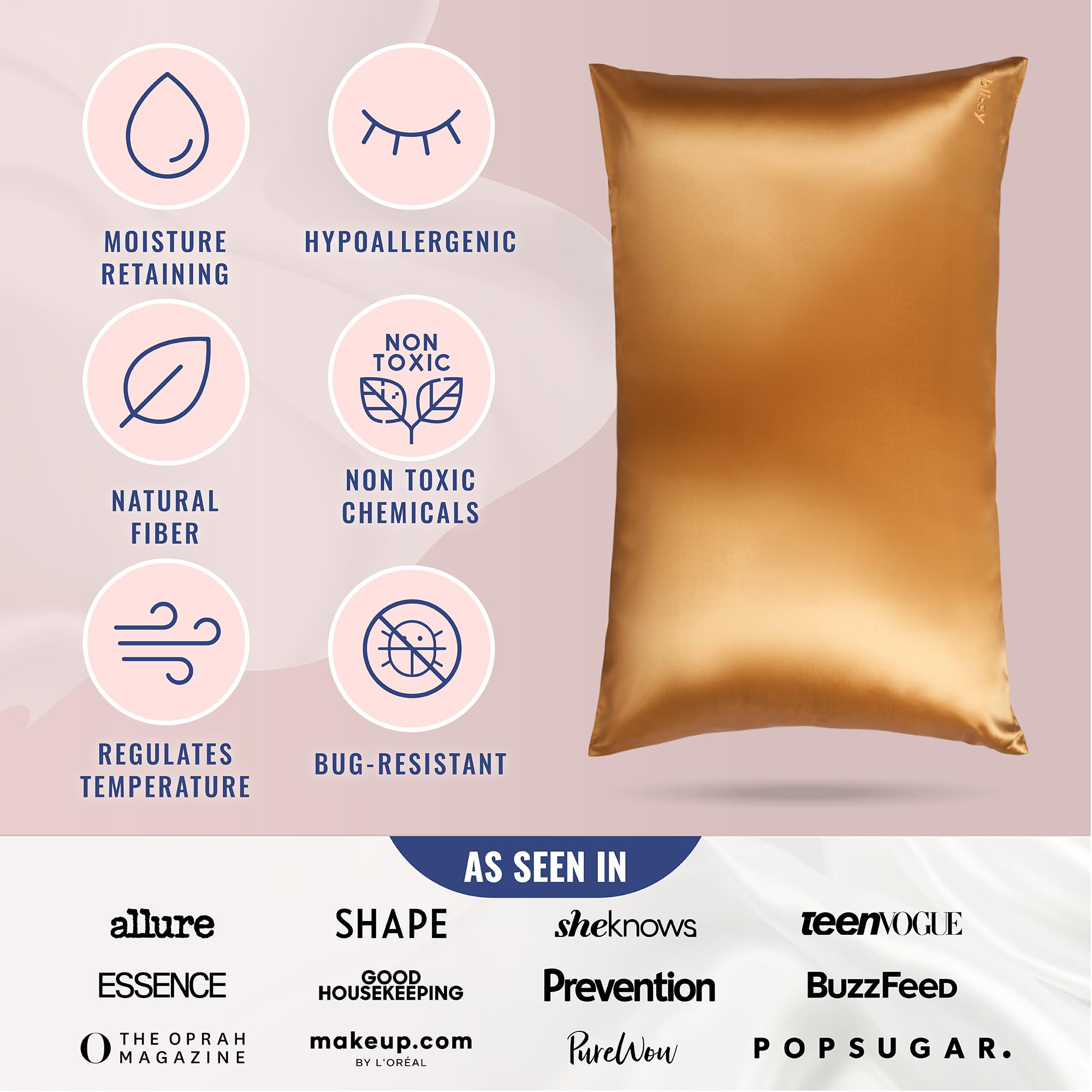 Blissy Silk Pillowcase - 100% Pure Mulberry Silk - 22 Momme 6A High-Grade Fibers - Silk Pillow Cover for Hair & Skin - Regular, Queen & King with Hidden Zipper (Queen, Champagne)