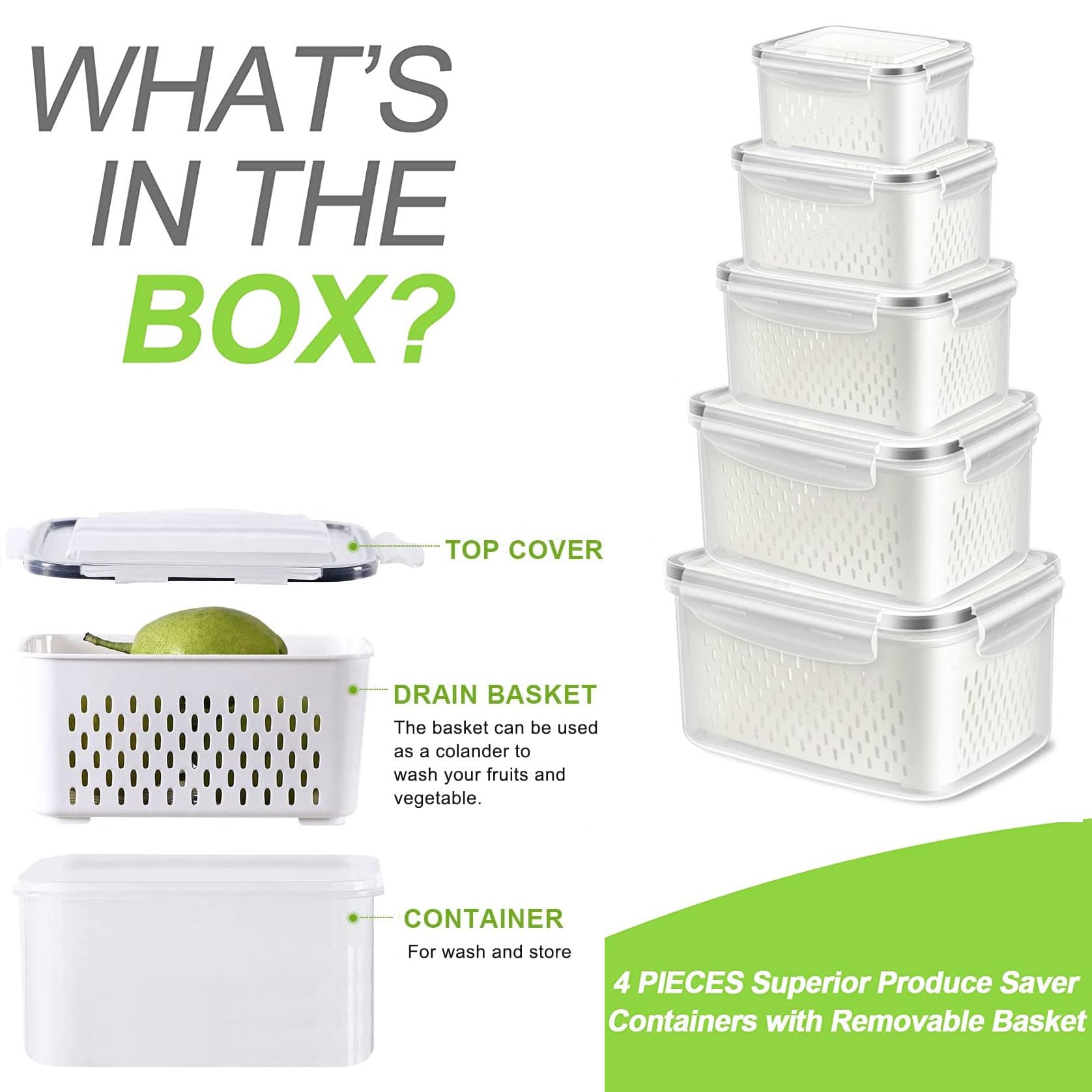 Fresh Food Storage Containers, 3 Pack Large Capacity Produce Saver Box with Drain Baskets & Lid for Vegetable and Fruit - BPA Free Stackable Refrigerator Organizer for Kitchen (0.8L+1.7L+3.15L)