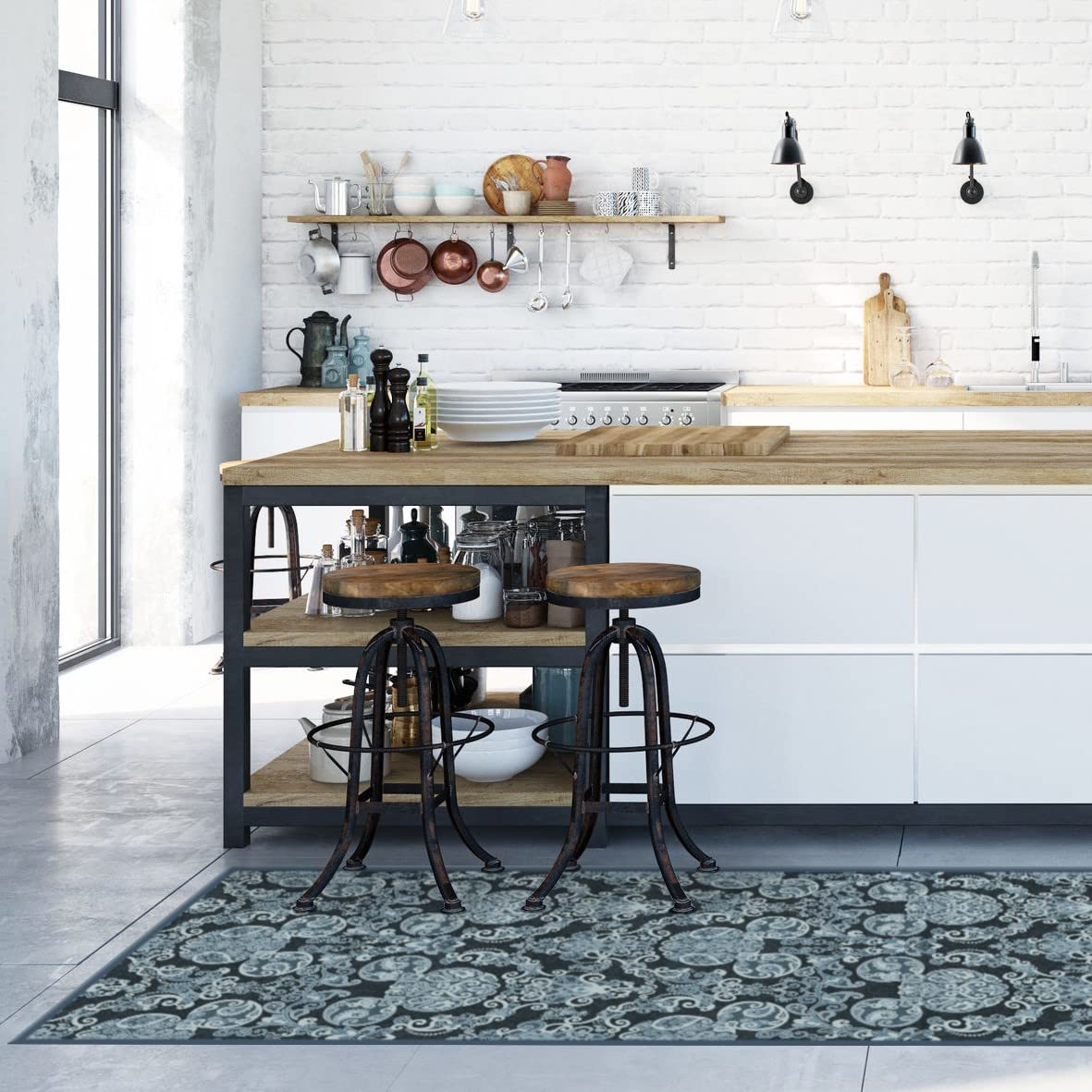 RUGGABLE Disney Traditional Mickey Mouse Washable Rug - Perfect Area Rug for Nursery Playroom Kids Room - Pet & Child Friendly - Stain & Water Resistant - Damask Grey 3&