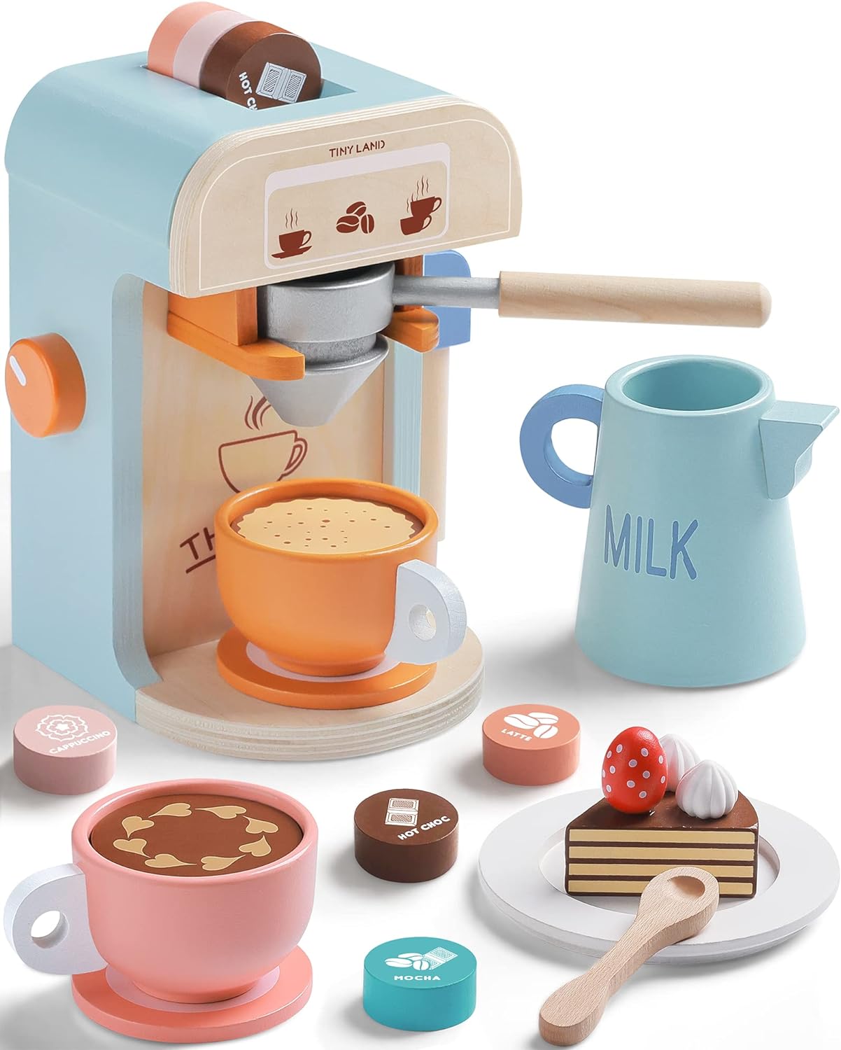 Play-Kitchen-for-Kids with 18 Pcs Toy Food & Kids Coffee Maker Wooden Kitchen Toys - 17Pcs Toy Coffee Maker Playset