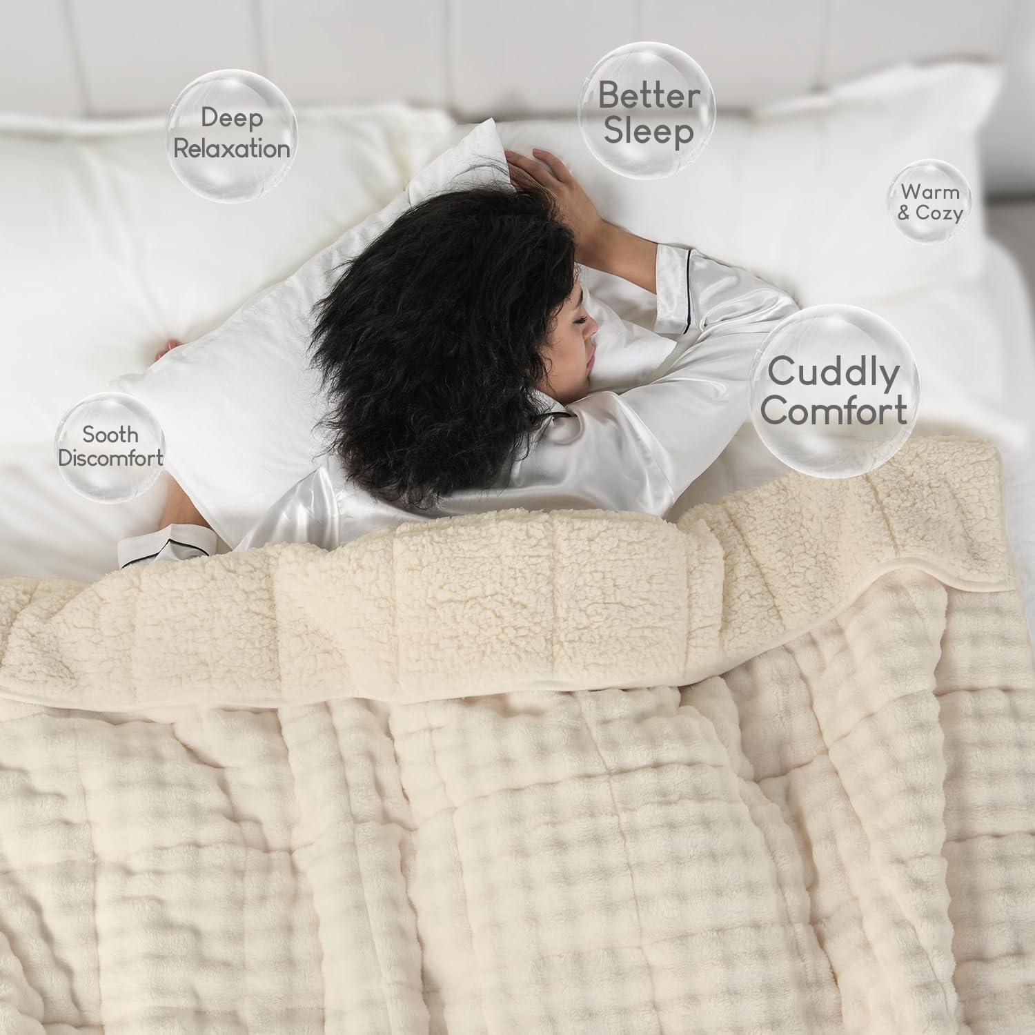 Cottonblue Weighted Blanket 15lbs Bubble Faux Fur Plush Sherpa Weighted Blankets for Adults, Fits Queen Size Bed, Cute Fuzzy Warm Heavy Blanket for Calm and Better Sleep, 60"x80", Cream White
