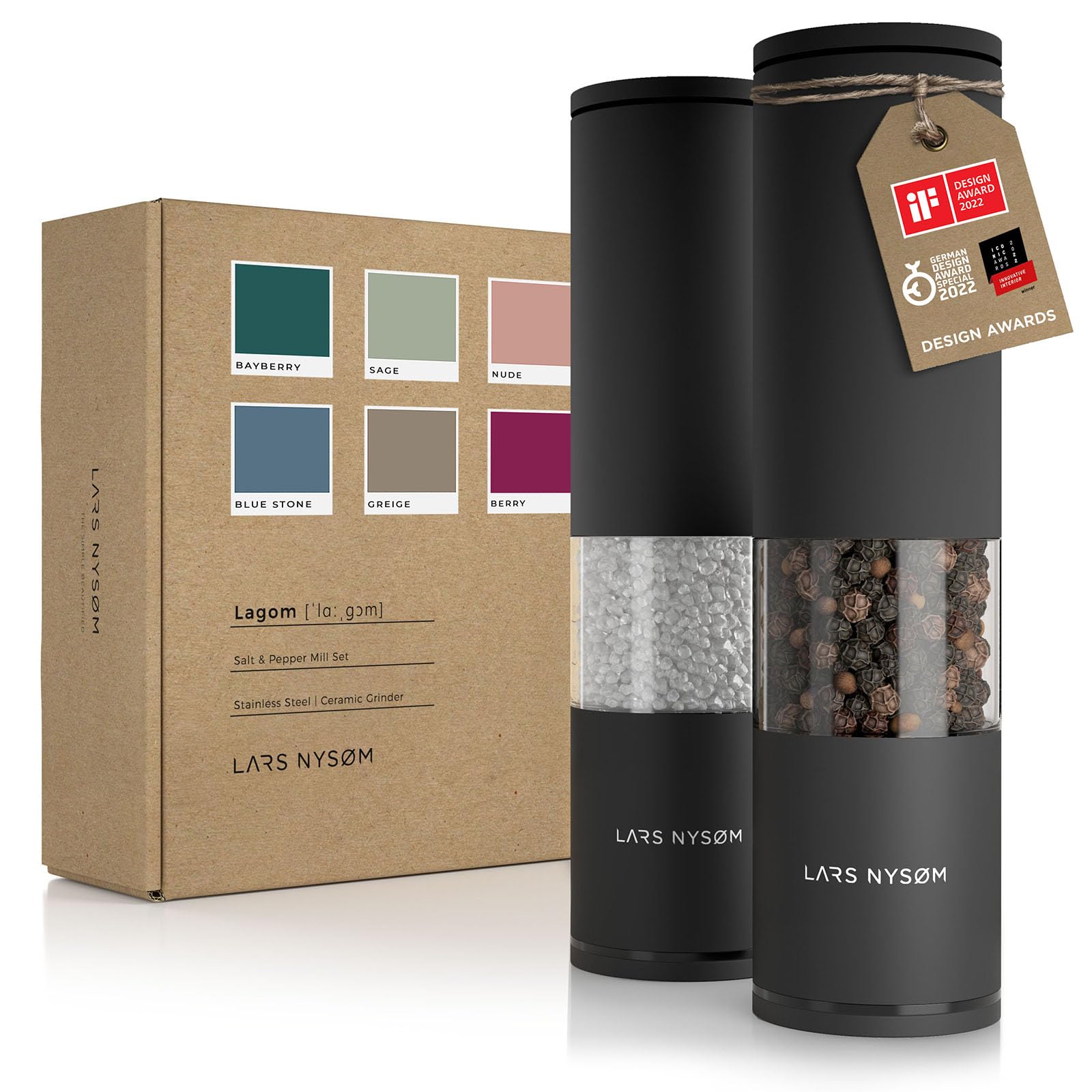 LARS NYSØM Salt and Pepper Mills Set Stainless Steel with Adjustable Ceramic Grinder 2 Pieces I Design Spice Mills Set Manual (Brown/Beige)