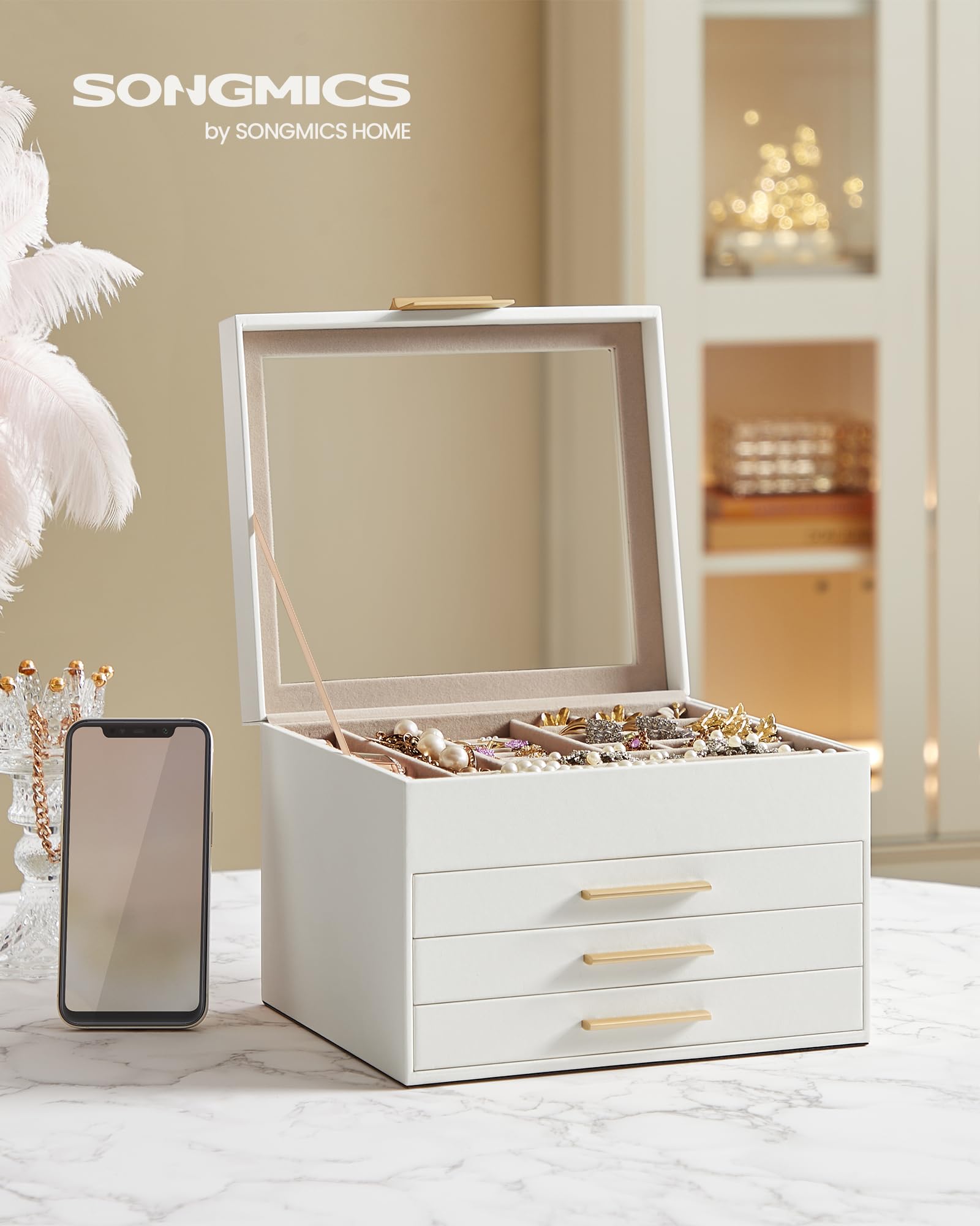 SONGMICS Jewelry Box with Glass Lid, 3-Layer Jewelry Organizer, 2 Drawers, for Big and Small Jewelry, Jewelry Storage, Modern Style, 8 x 9.1 x 5.3 Inches, Cloud White and Gold Color UJBC239WT
