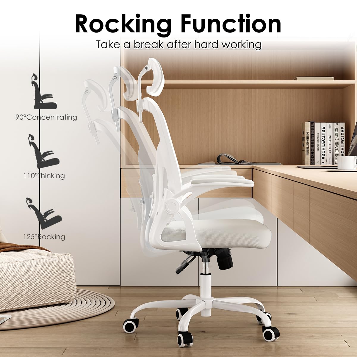 Farini Ergonomic Office Chair, Home Office Desk Chair with Headrest, High Back Computer Chair with Flip-up Armrests and Adjustable Lumbar Support for Home Office Study Bedroom, Khaki.