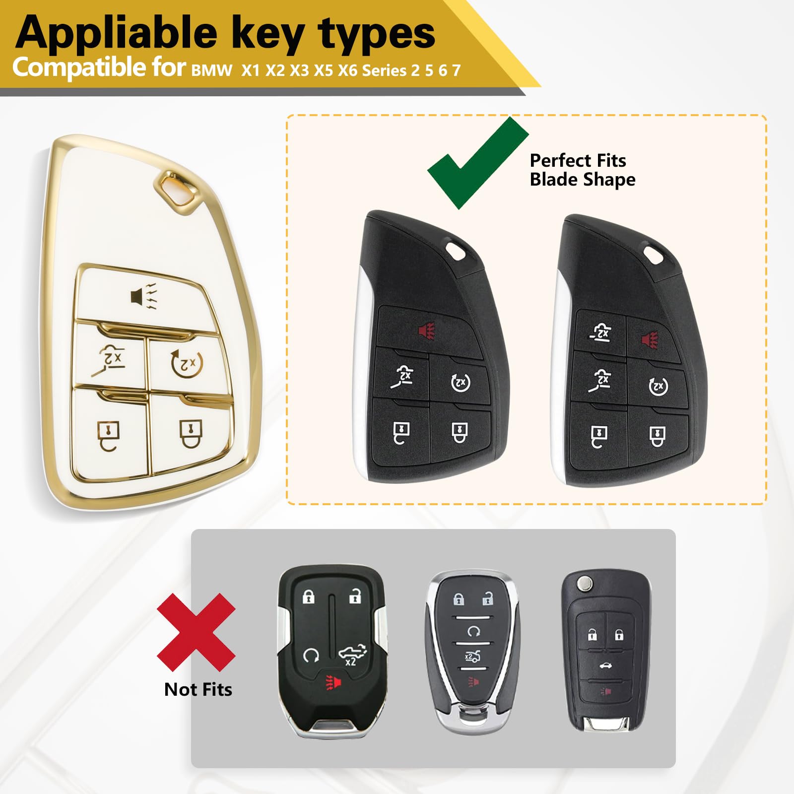 Cadillac Key Fob Cover with Metal Braided Rope Keychain, Upgraded Soft Key Case for 2015-2019 Escalade CTS SRX XT5 ATS STS CT6 (5 Button) (Gold Edge)