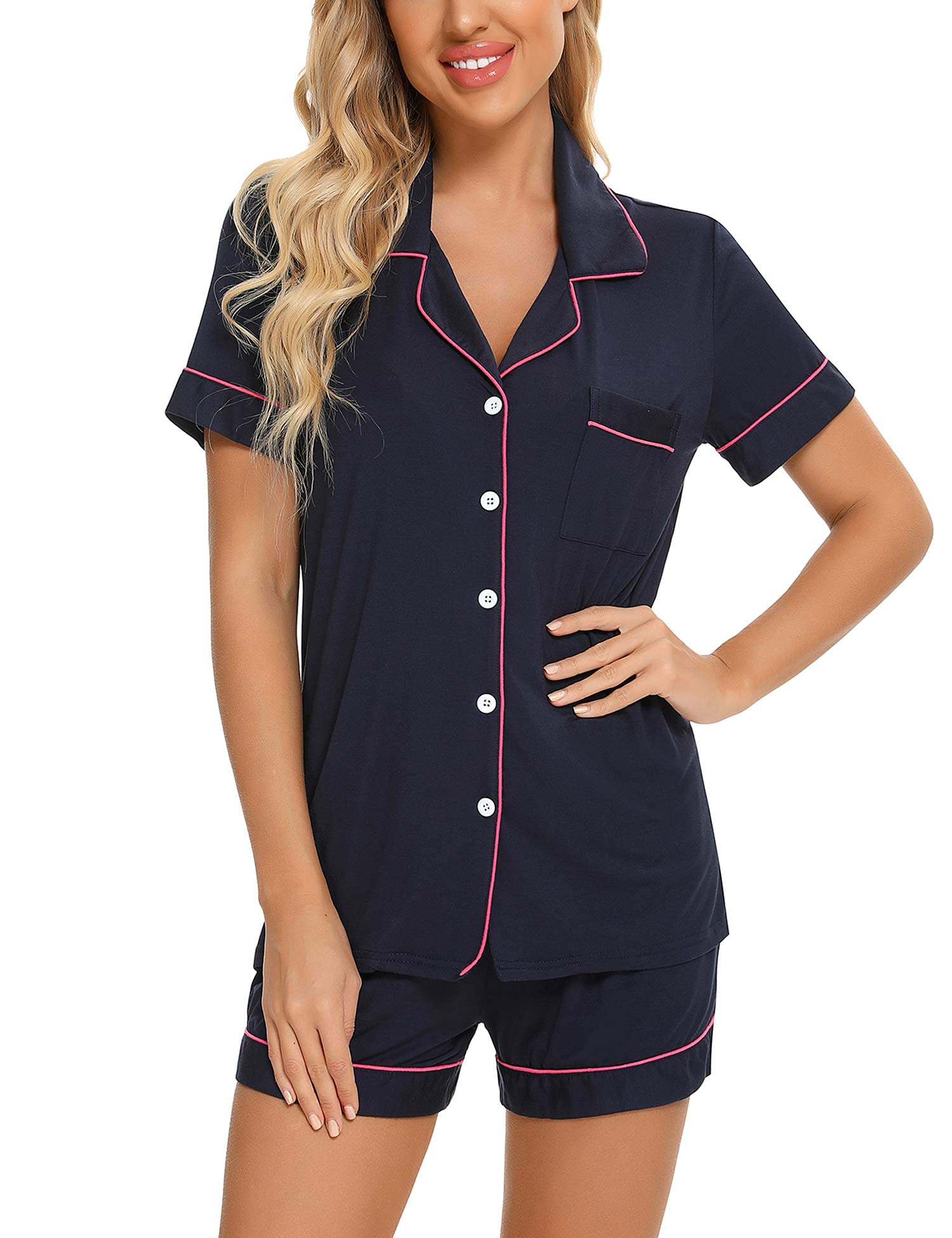 Senert Pajamas Set For Women Short Sleeve Sleepwear Soft Button Down Pjs Set Nightwear Lounge Sets S-XXL