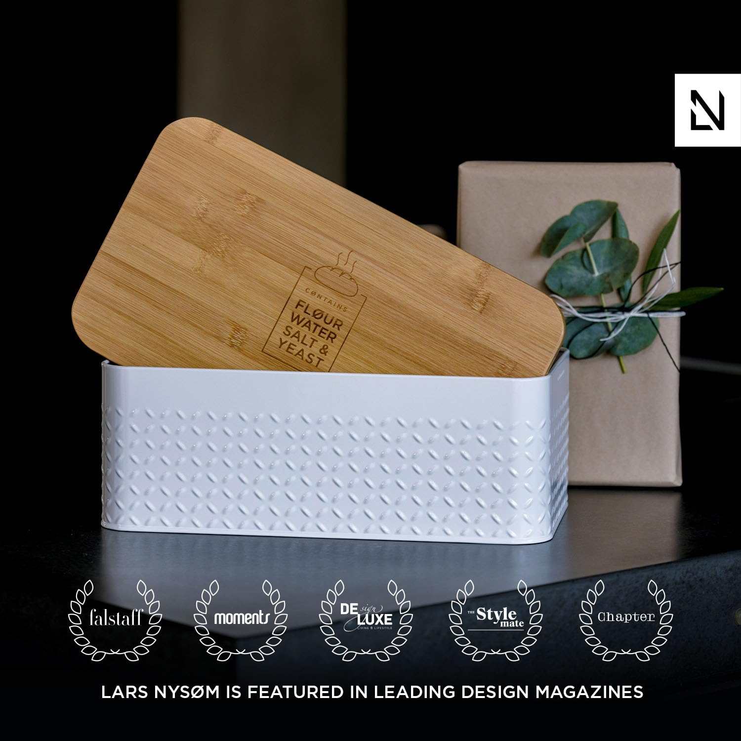 LARS NYSØM Bread Box I Metal bread box with linen bread bag for long lasting freshness I Bread box with bamboo lid usable as cutting board I 34 x 19.5 x 13.5 cm (Taupe Brown)