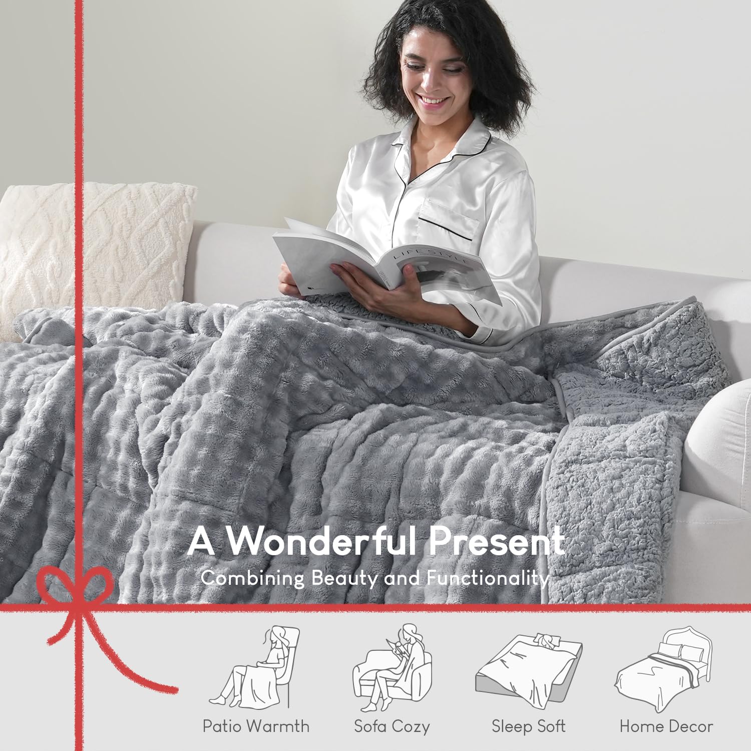 Cottonblue Weighted Blanket 15lbs Bubble Faux Fur Plush Sherpa Weighted Blankets for Adults, Fits Queen Size Bed, Cute Fuzzy Warm Heavy Blanket for Calm and Better Sleep, 60"x80", Cream White
