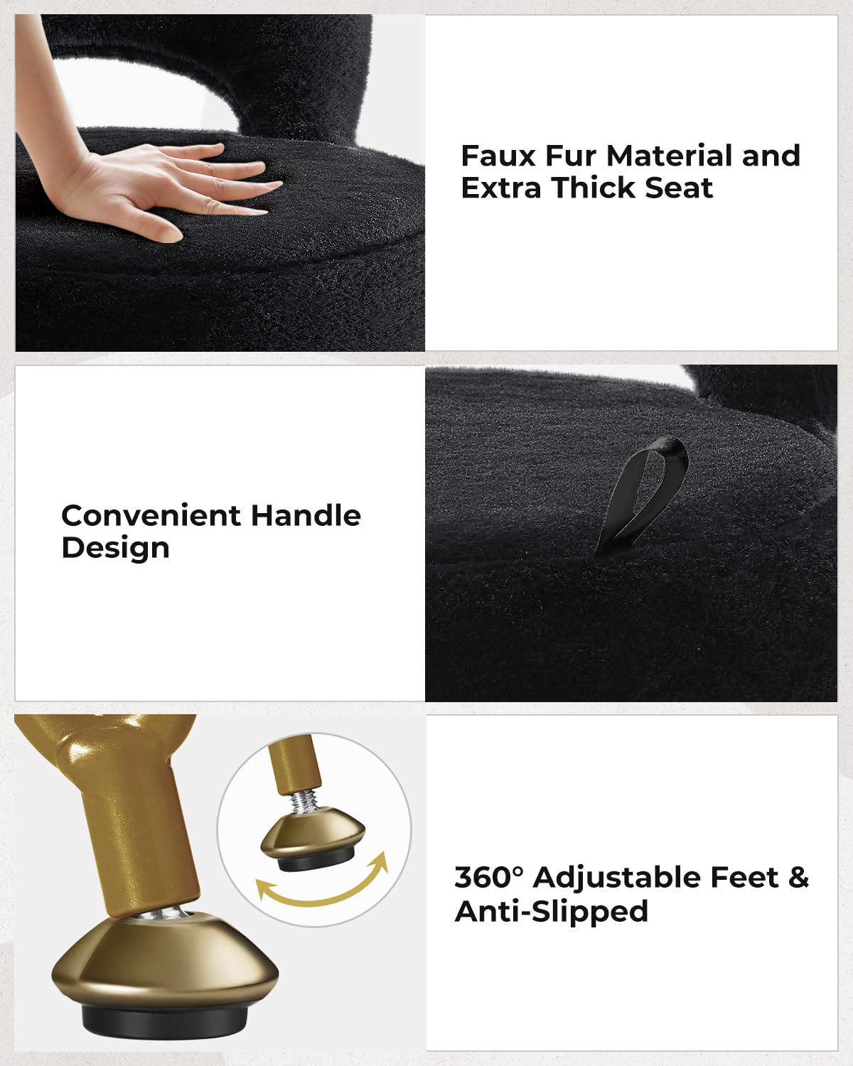 Greenstell Vanity Stool with Foldable Back, Vanity Chair with Storage, 13" Dx 27.7" H Faux Fur Soft Ottoman, 4 Metal Legs with Anti-Slip Feet, Small Furry Padded Seat for Makeup, Bedroom, White