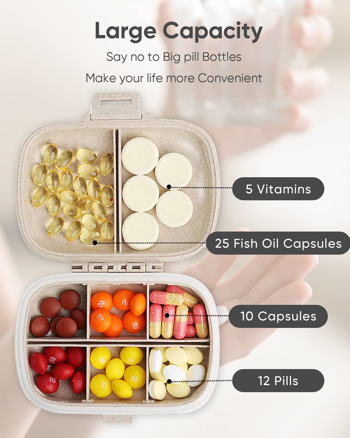 Holii Travel Pill Organizer, 8 Compartments Portable Pill Case, Daily Pill Box to Hold Vitamins, Small Pill Container for Pocket Purse Medicine Organizer(Khaki)