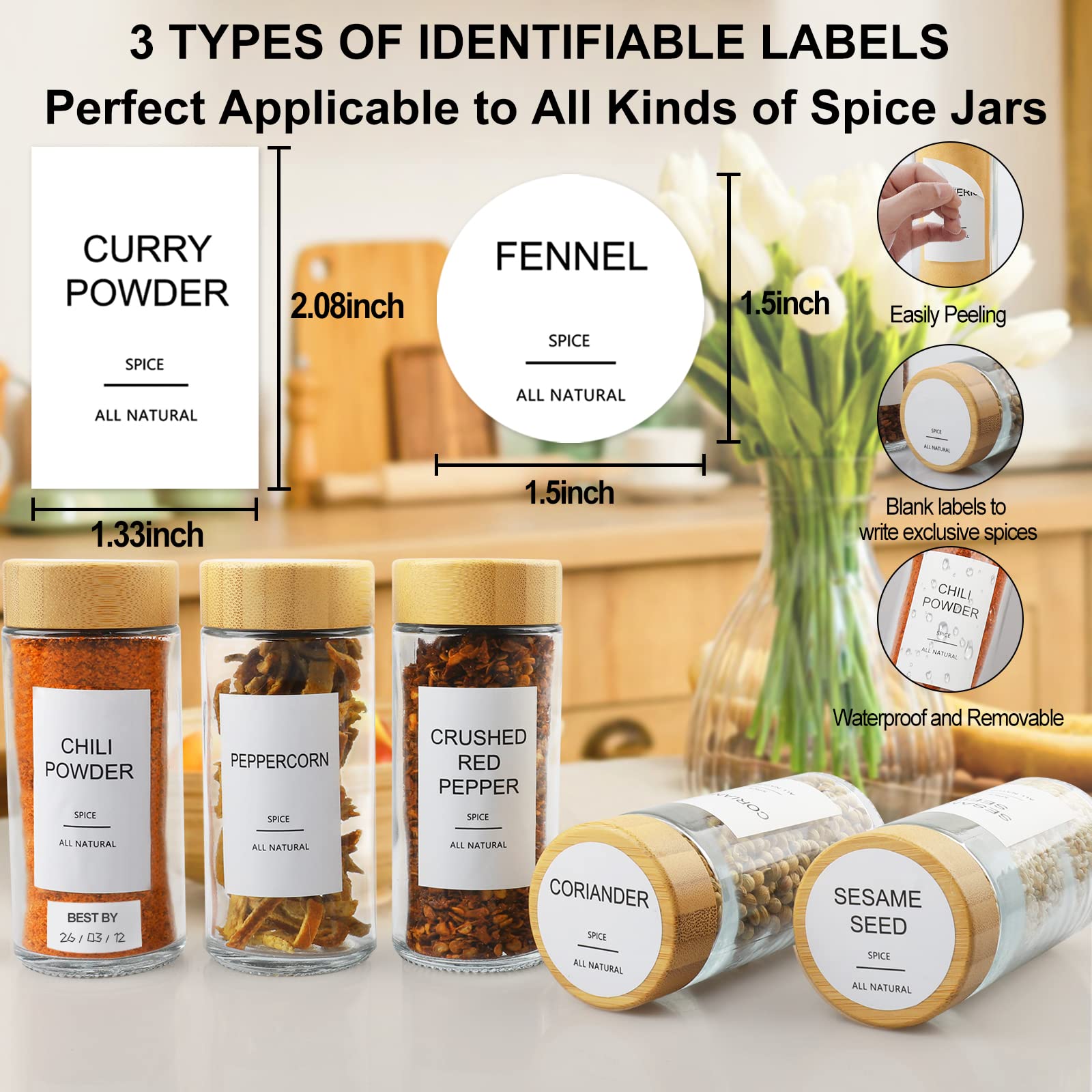 AISIPRIN 24 Pcs Glass Spice Jars with Bamboo Airtight Lids and 398 Labels, 4oz Empty Square Containers Seasoning Storage Bottles - Shaker Lids, Funnel, Brush and Marker Included