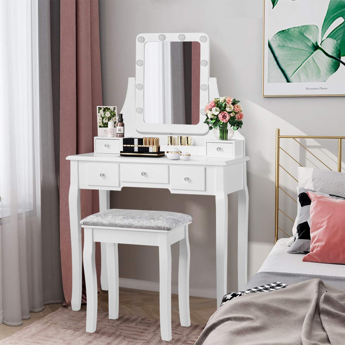 DORTALA Vanity Table Set with 360° Mirror & Cushioned Stool, Makeup Table with 10 LED Dimmable Bulbs, Bedroom Wood Dressing Table with 5 Drawers and Removable Box Organizer, Gift for Females (White)