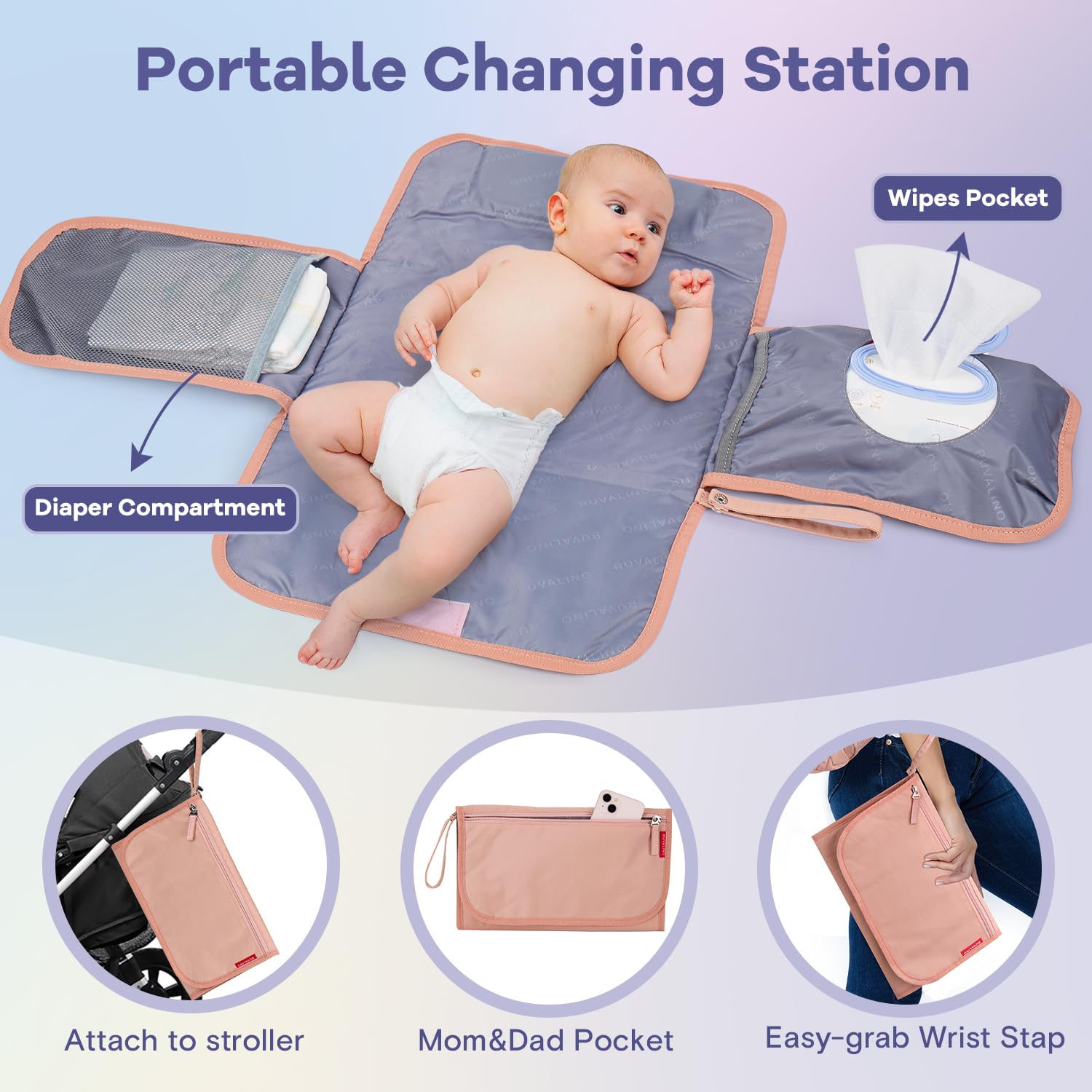 RUVALINO Diaper Bag Backpack, Multifunction Travel Pack Maternity Baby Changing Bags, Large Capacity, Waterproof, Beige