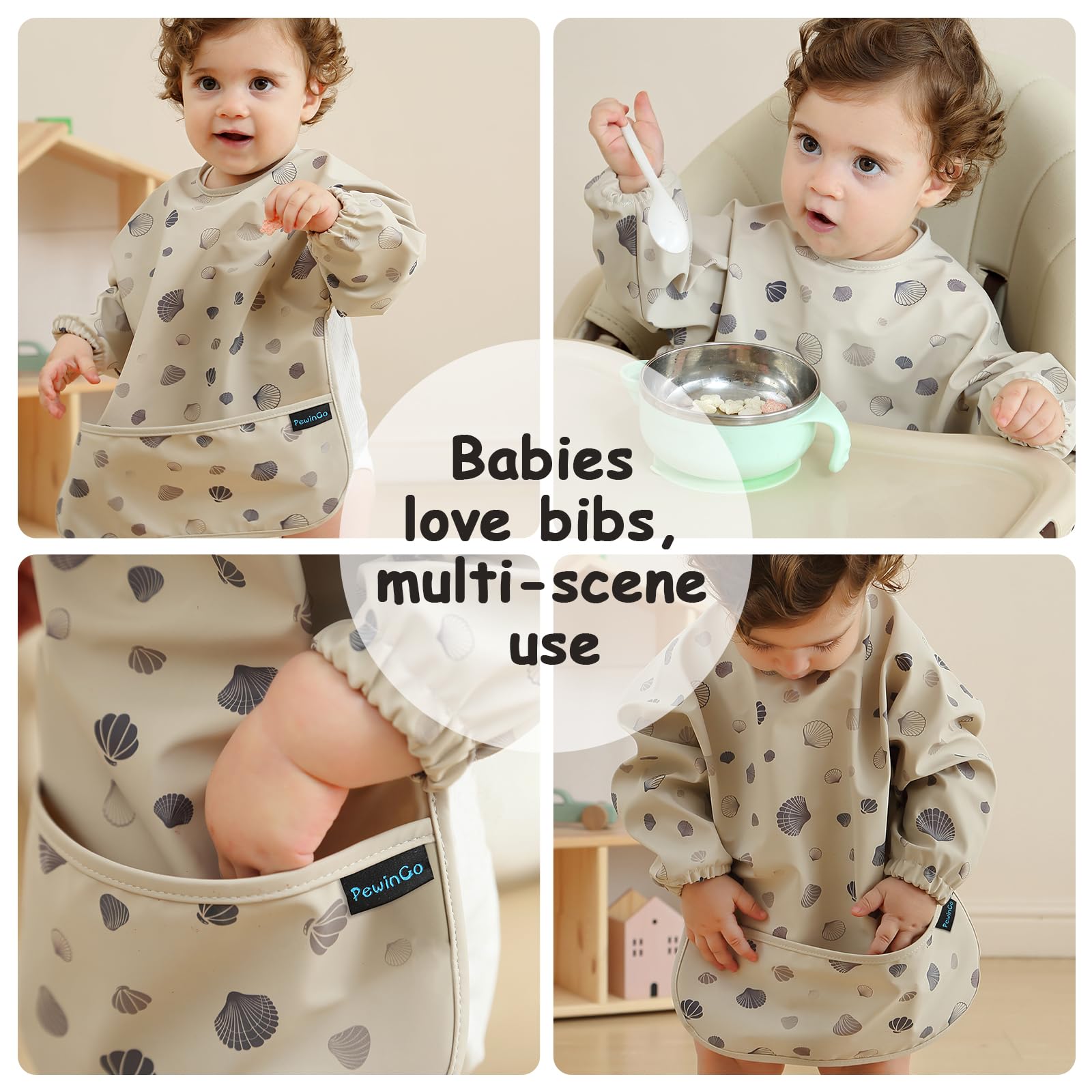 PewinGo Weaning Bib with Long Sleeves & BLW, Soft and Skin-Friendly Material, Coverall Bibs for Baby Feeding, Waterproof and Easy to Clean & Machine Washable, for Baby Infant Toddlers (Pink)