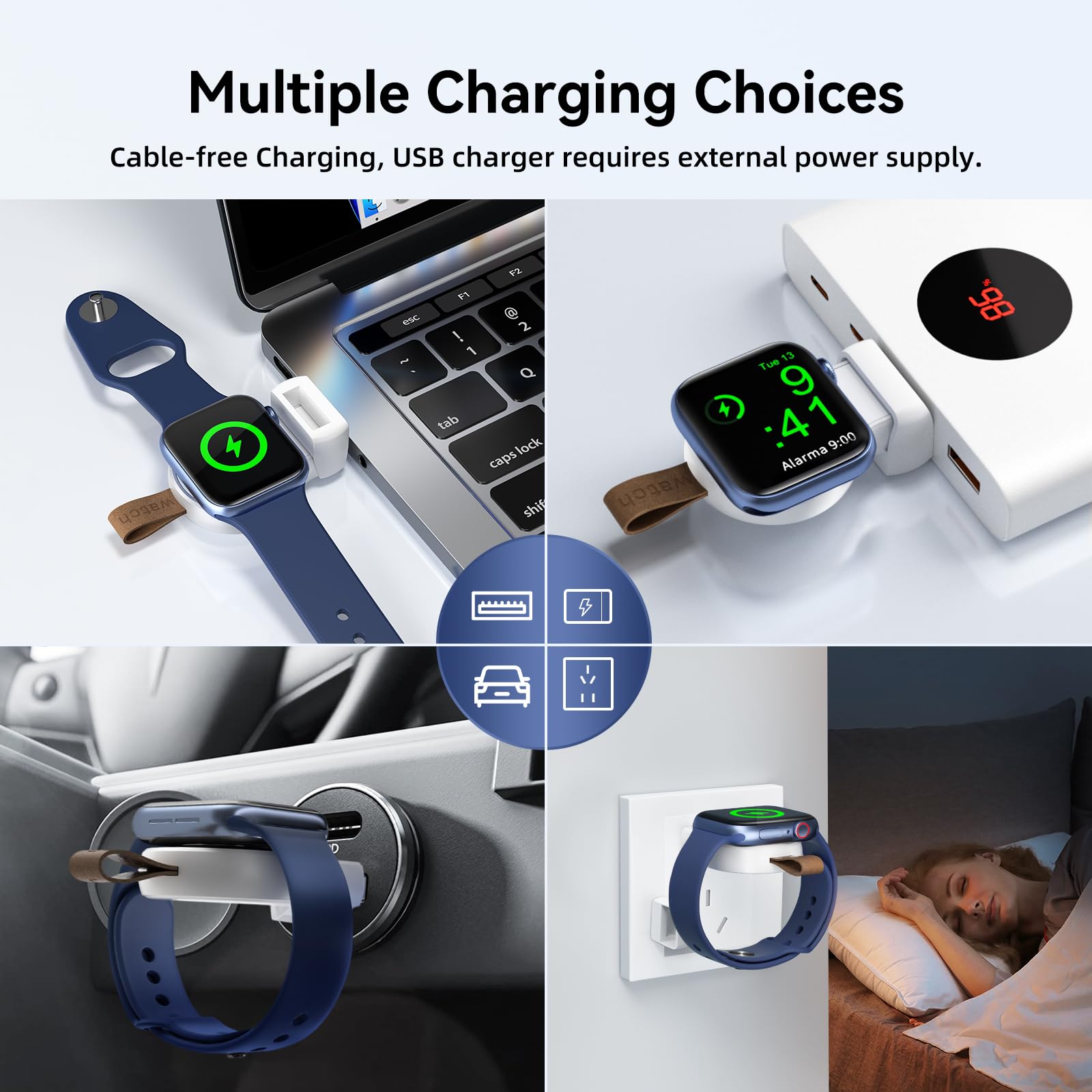 NEWDERY Charger for Apple Watch Portable iWatch USB Wireless Charger, Travel Cordless Charger with Light Weight Magnetic Quick Charge for Apple Watch Ultra 2 Series 9 8 7 6 5 4 3 2 1 SE, White