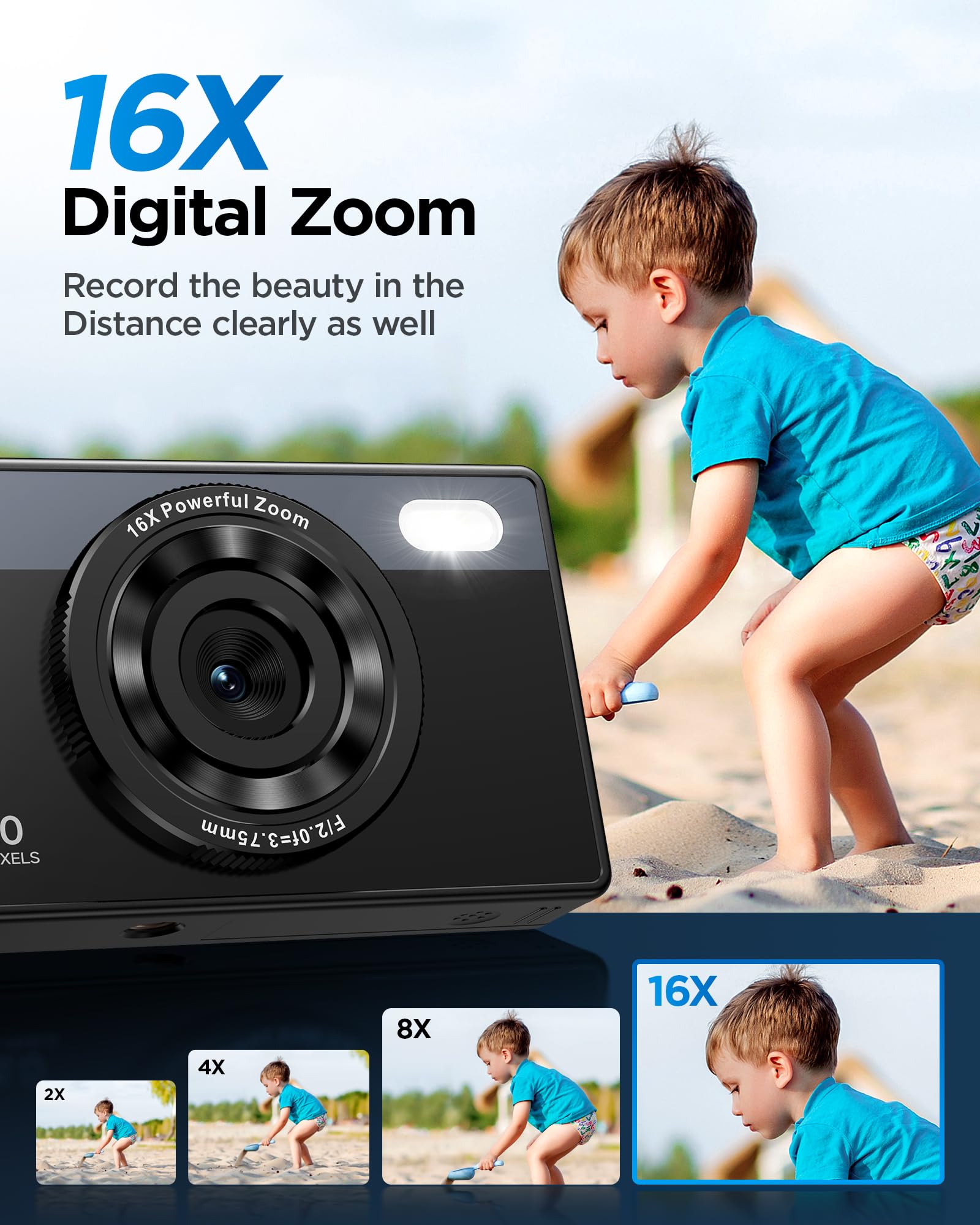 64GB Digital Camera for Kids: 48MP Anti-Shake Camera Photography Vlogging Camera for YouTube 16X Digital Zoom Photo Filtration Continuous Shooting Self-Timer Autofocus Compact Camera
