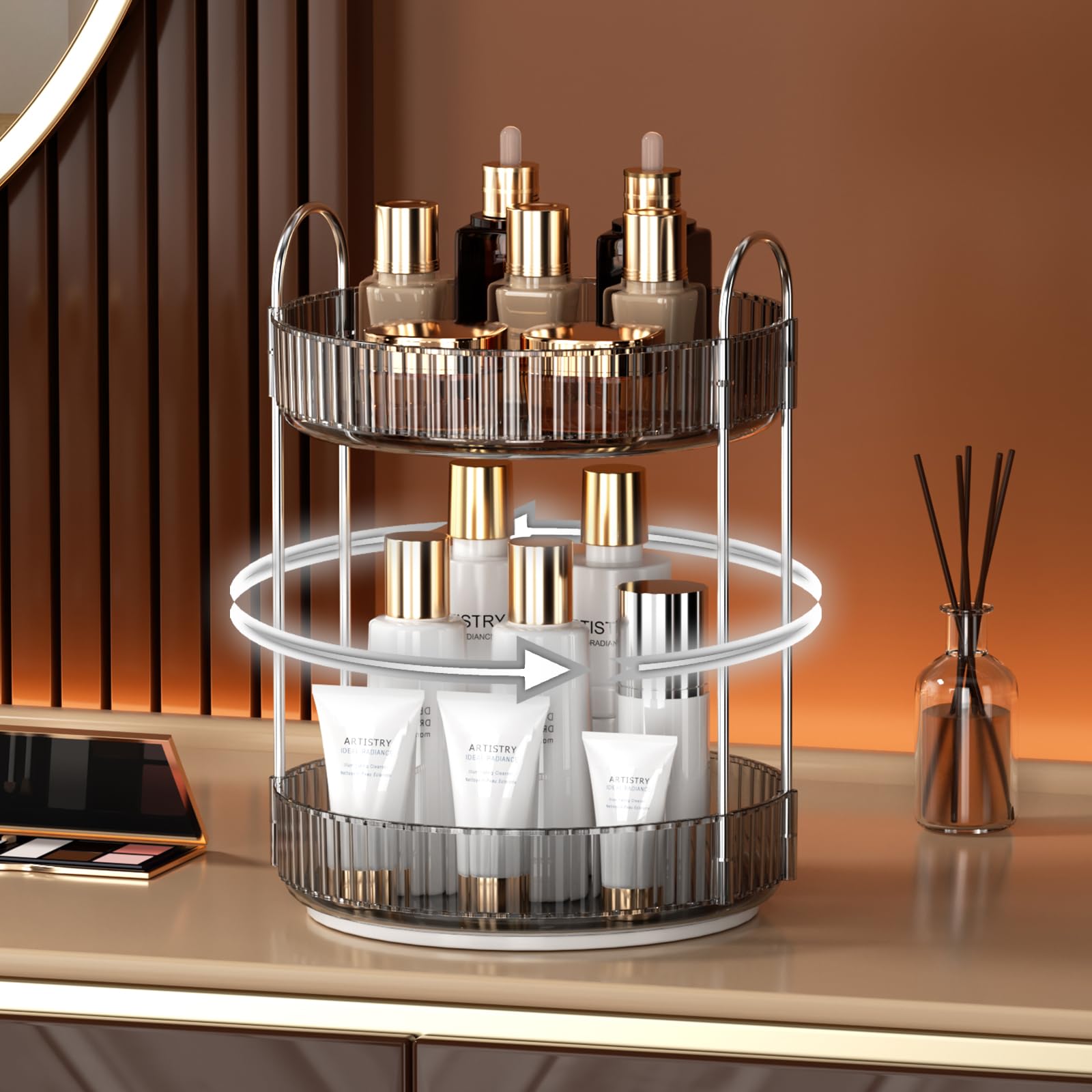YCIA&DONE 360 Rotating Makeup Organizer and Storage for Vanity Bathroom Countertop, High Capacity Cosmetic Skincare Perfume Organizer for Dresser Lazy Susan Organizers(Clear White,2 Tiers)