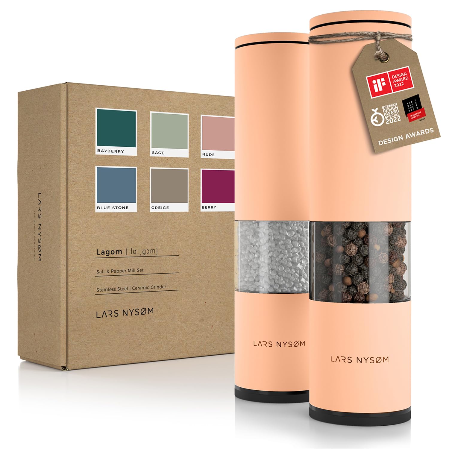 LARS NYSØM Salt and Pepper Mills Set Stainless Steel with Adjustable Ceramic Grinder 2 Pieces I Design Spice Mills Set Manual (Brown/Beige)