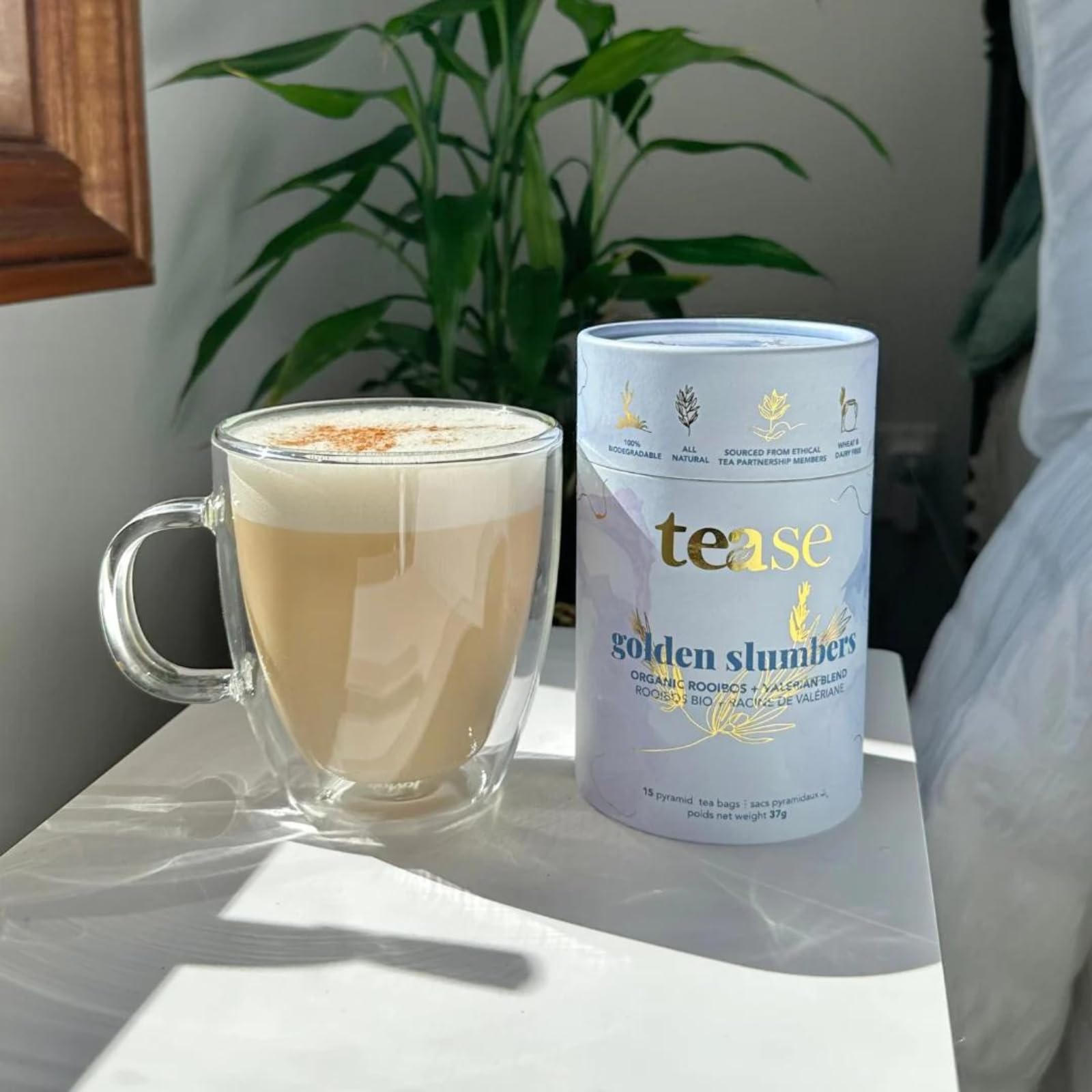 Tease Tea Organic Tea Tube Gift Set | 15 Piece Botanical Pyramid Tea Bag Infuser Sachets Loose Leaf Support Citrusy Blend with Rooibos, Peppermint, Valerian Root Caffeine Free 37g (Golden Slumbers)