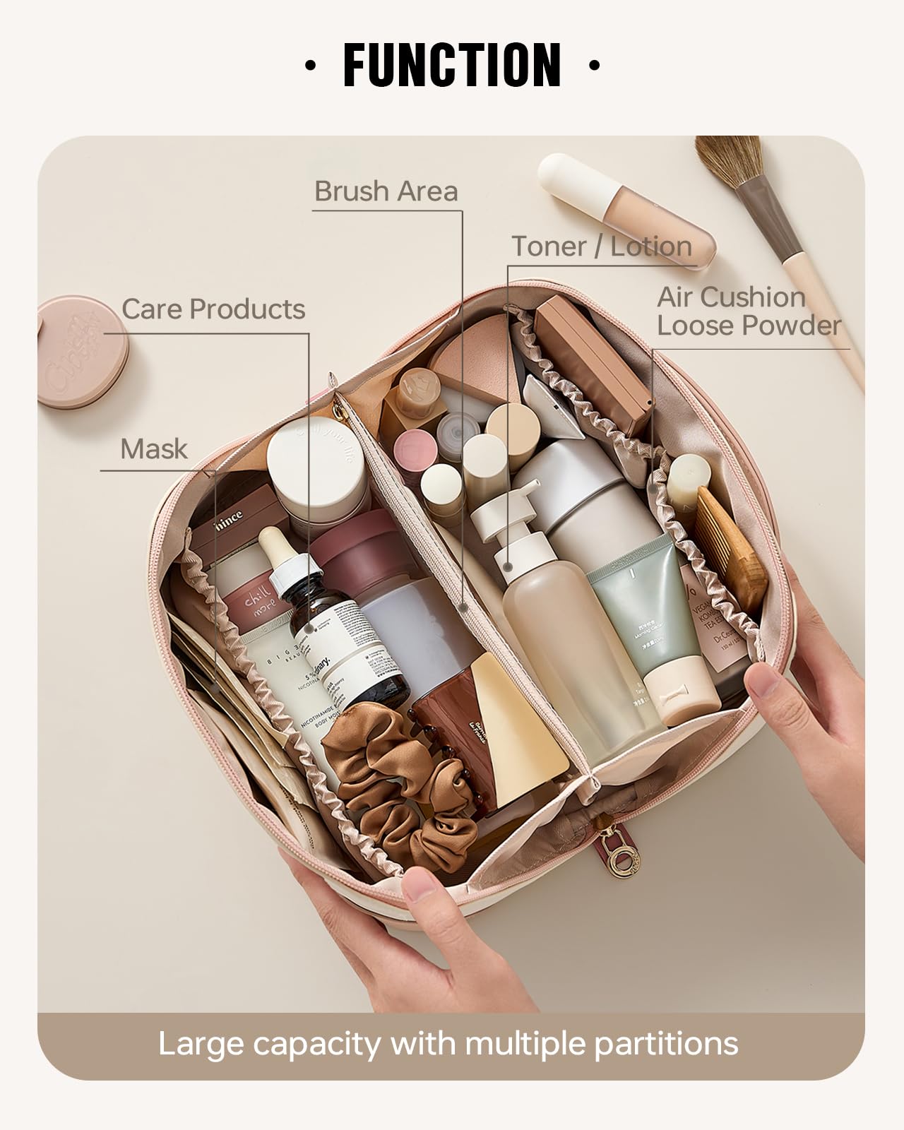 EACHY Travel Makeup Bag,Large Capacity Cosmetic Bags for Women,Waterproof Portable Pouch Open Flat Toiletry Bag Make up Organizer with Divider and Handle