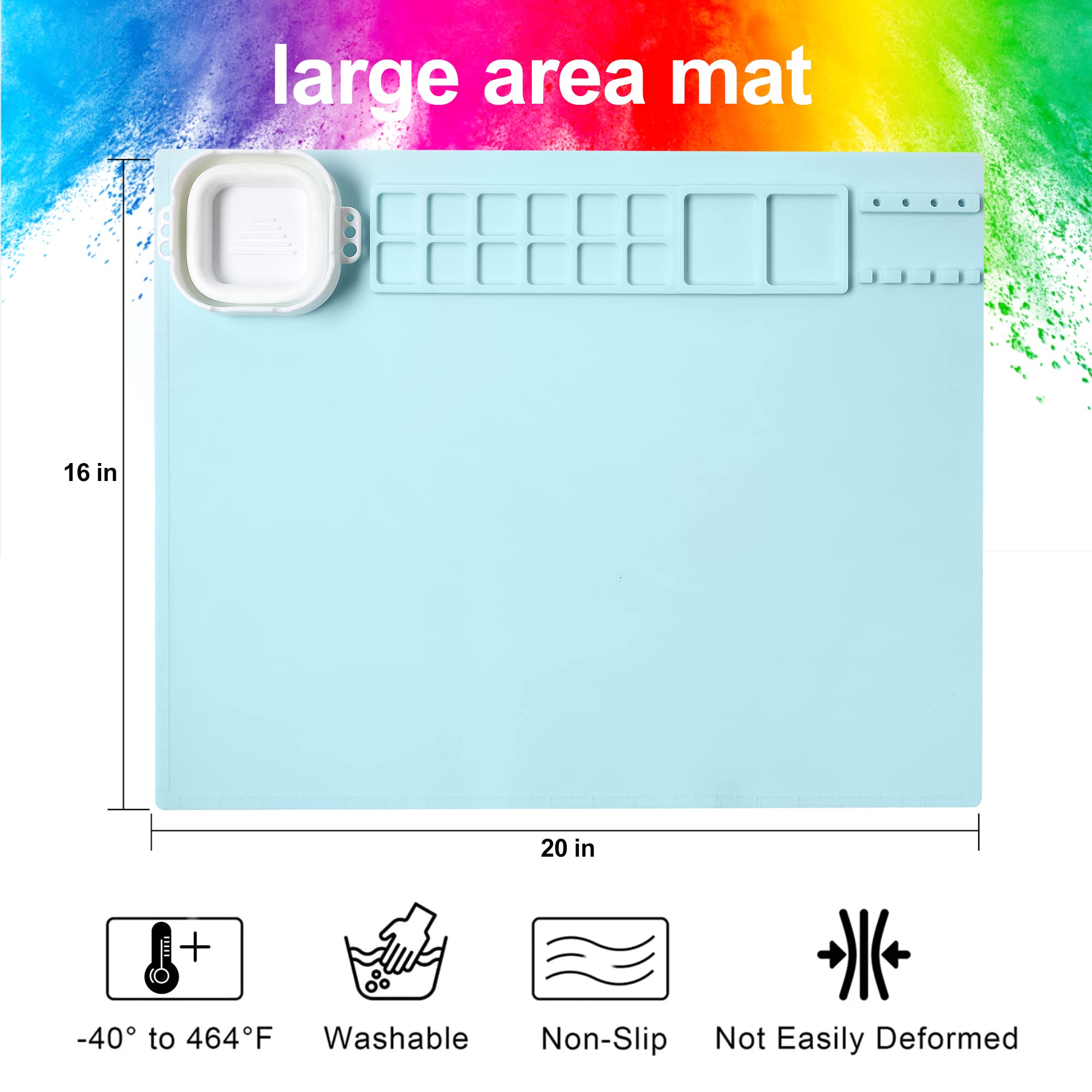AWOKE Silicone Painting Mat - 20"X16" Silicone Art Mat with 1 Water Cup for Kids - Silcone Craft Mat has12 Color Dividers - 2 Paint Dividers (White)