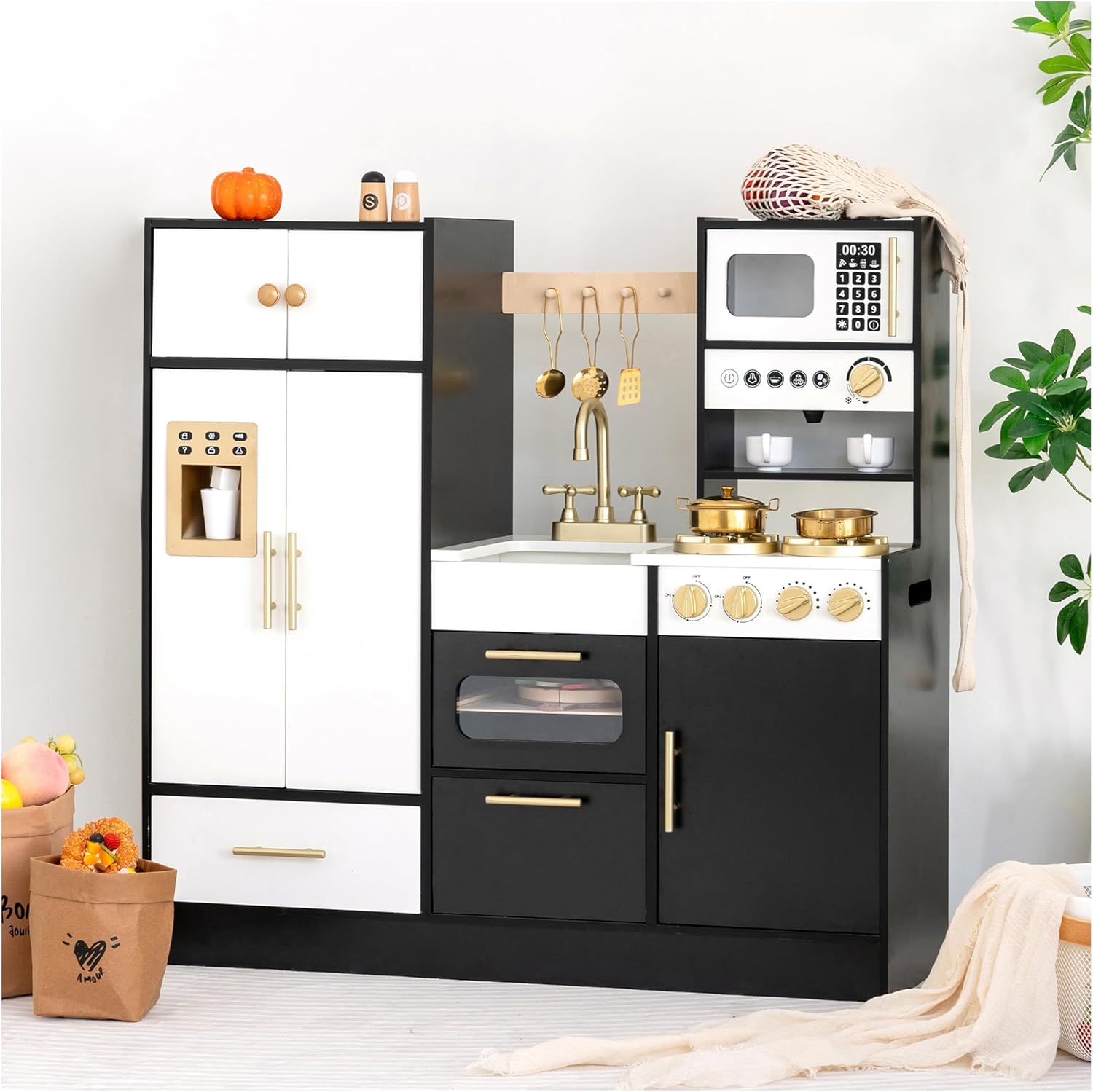 Wooden Play Kitchen Set for Kids – Interactive Pretend Toddler Kitchen Playset with 12 Kitchen Toy Accessories, Perfect for Ages 3+
