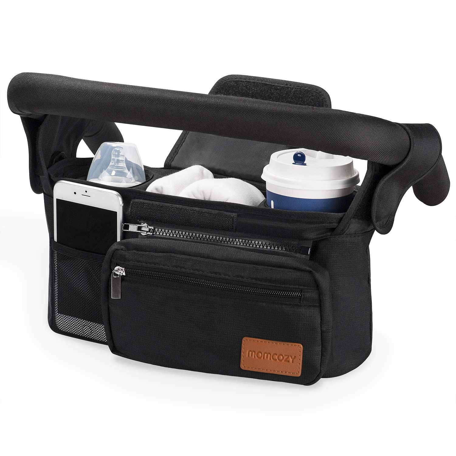 Momcozy Universal Baby Stroller Organizer, 2 Insulated Cup Holder, Detachable Zippered Pocket, Adjustable Shoulder Strap, Large capacity for baby essentials, Compact Design Fits Any Strollers