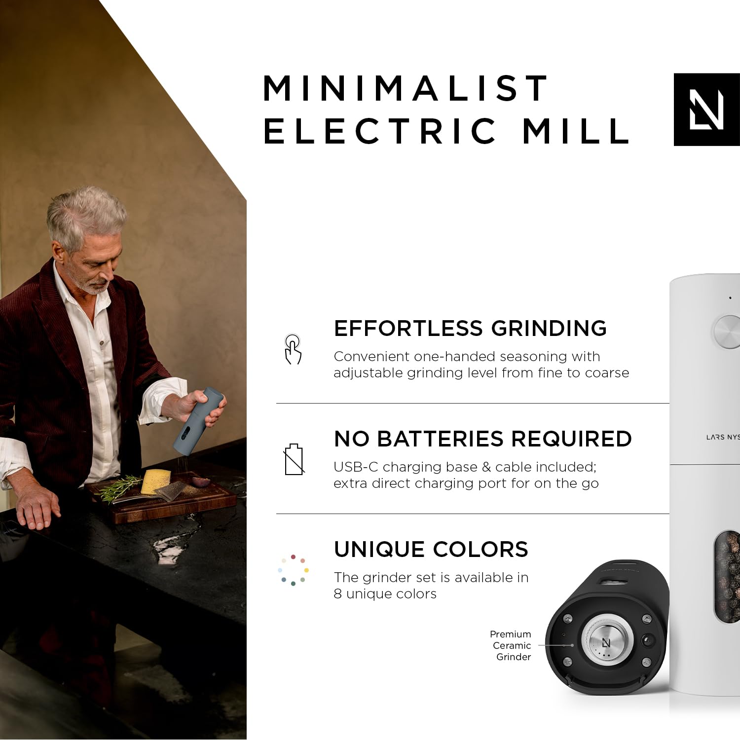 LARS NYSØM Electric Salt and Pepper Grinder Set I Automatic Salt and Pepper Mills with Adjustable Ceramic Grinder I USB Rechargeable Electric Spice Grinder Set (Almond Beige)