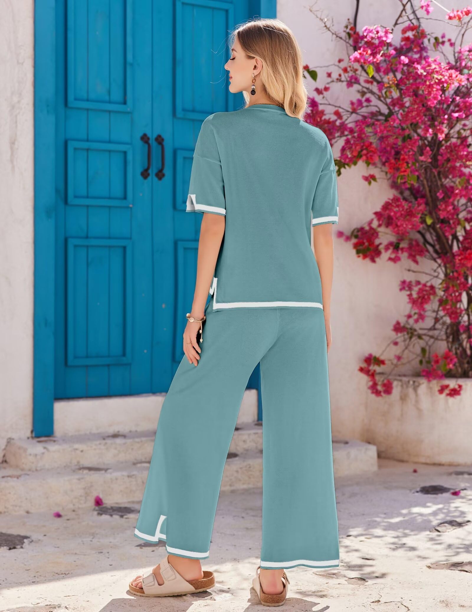 Ekouaer Lounge Set for Women 2 Piece Sets Loungewear Set Outfits Knit Sweater Sets Wide Leg Long Pants Pajama Set