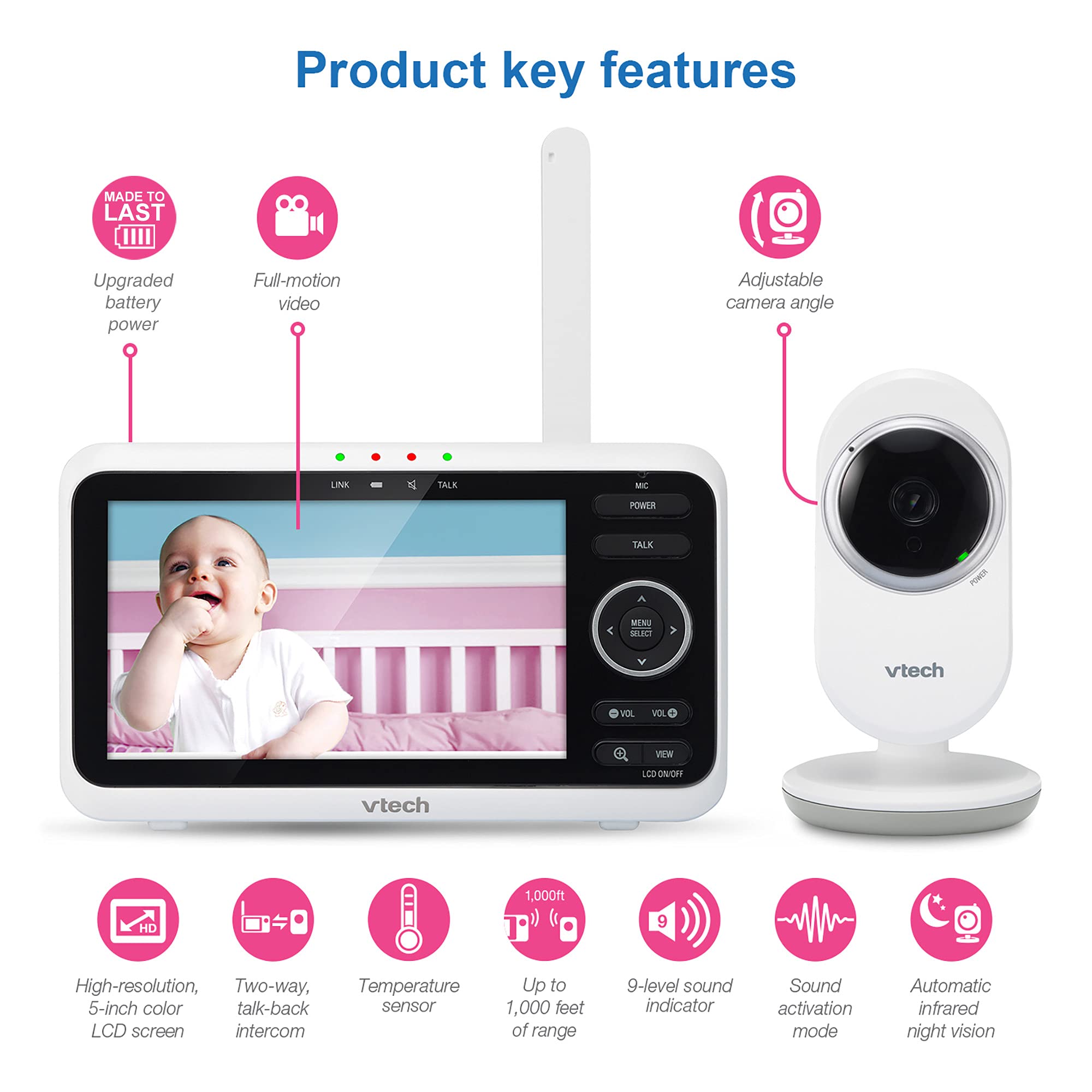 VTech VM819 Baby Monitor, 2.8” Screen, Night Vision, 2-Way Audio, Temperature Sensor and Lullabies, Secure Transmission No WiFi