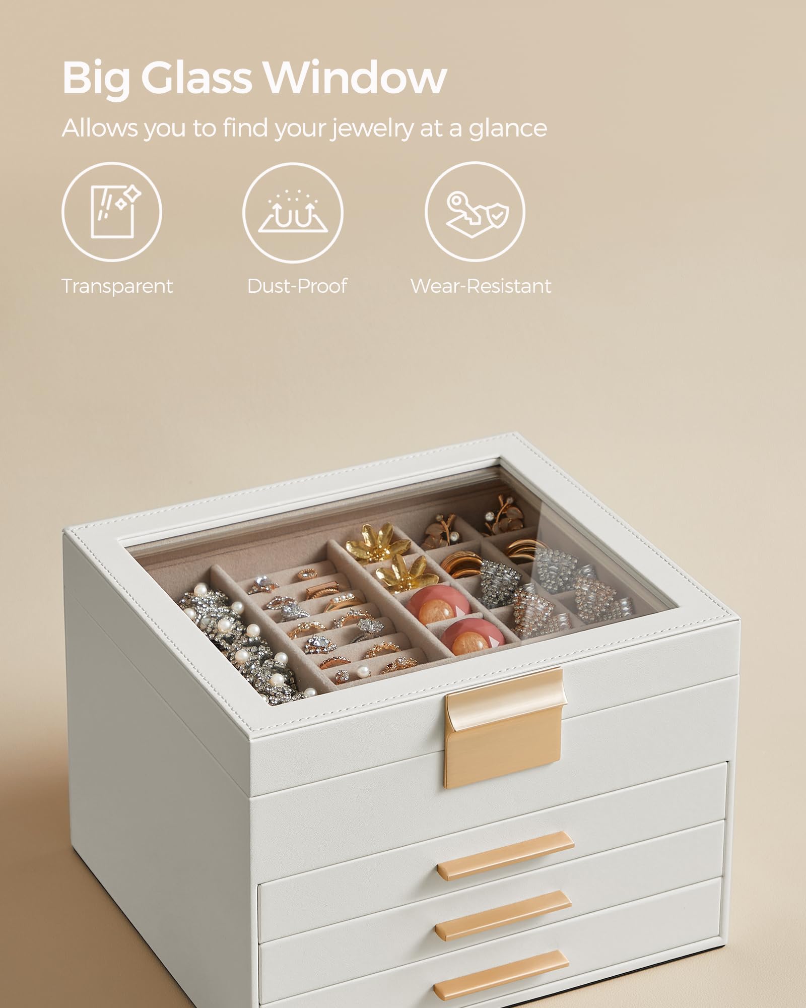 SONGMICS Jewelry Box with Glass Lid, 3-Layer Jewelry Organizer, 2 Drawers, for Big and Small Jewelry, Jewelry Storage, Modern Style, 8 x 9.1 x 5.3 Inches, Cloud White and Gold Color UJBC239WT